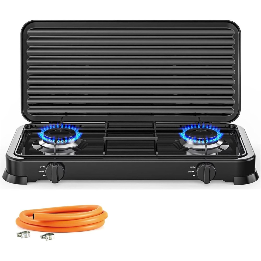 Cocina Hornillo de gas portatil para camping con 2 quemadores, 30  -  50 mbar, con tapa protectora, manguera para butano incluido COSHANO