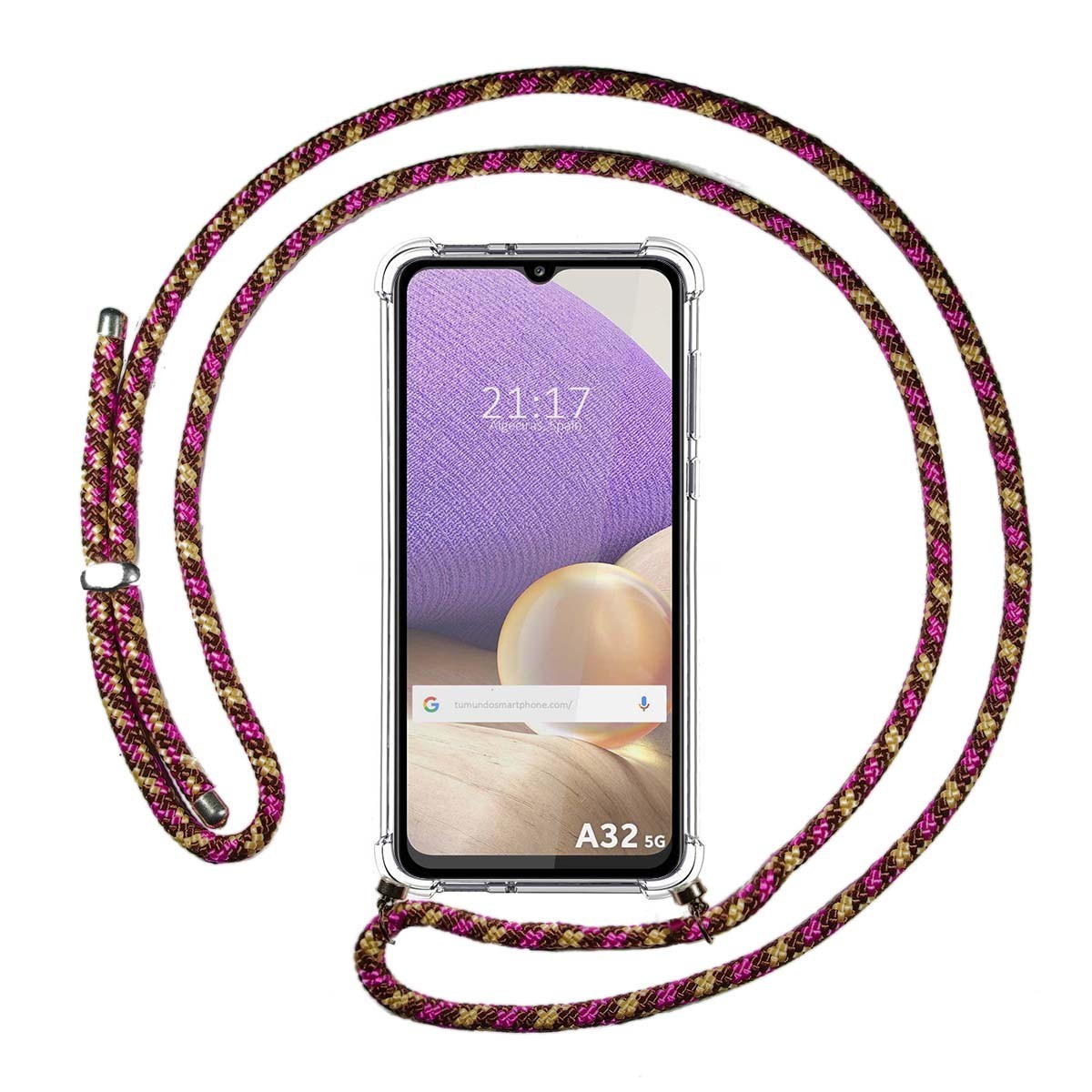 Tumundosmartphone Funda Colgante Transparente para Samsung Galaxy A32 5G con Cordon Rosa / Dorado