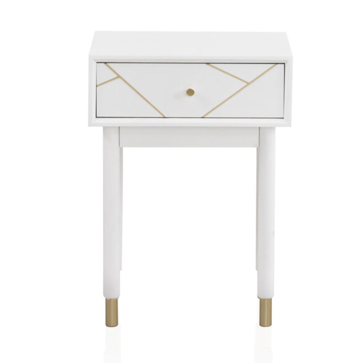 Mesa De 1 Cajón Lacada En Blanco Con Frente Decorado En Oro El mejor complemento para tu hogar.