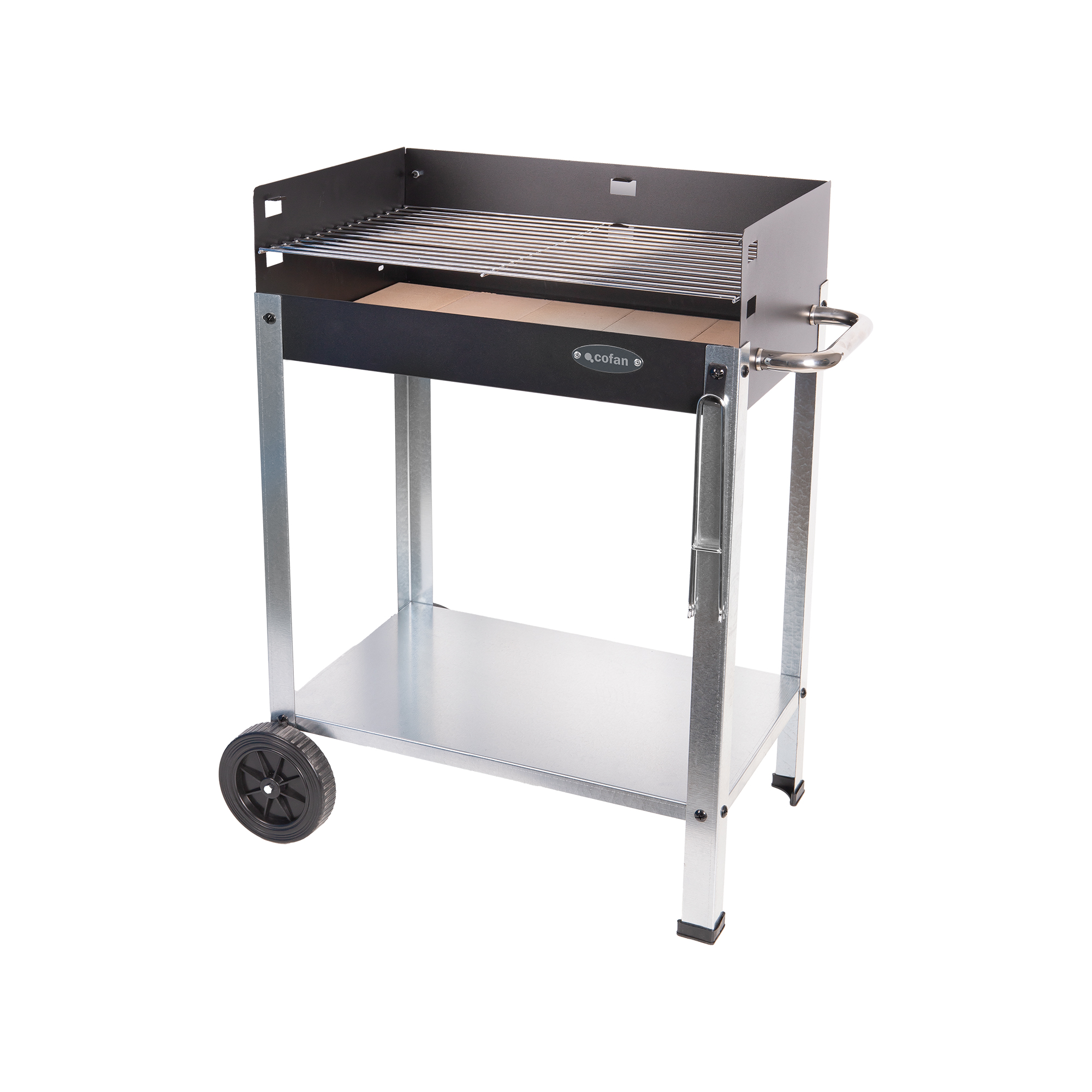 Cofan Barbacoa de carbón con ruedas | Parrilla ajustable | Con ladrillo refractario y asa lateral | Fácil transporte | Gran superficie de asado | Medidas: 56,7 x 36 x 83 cm