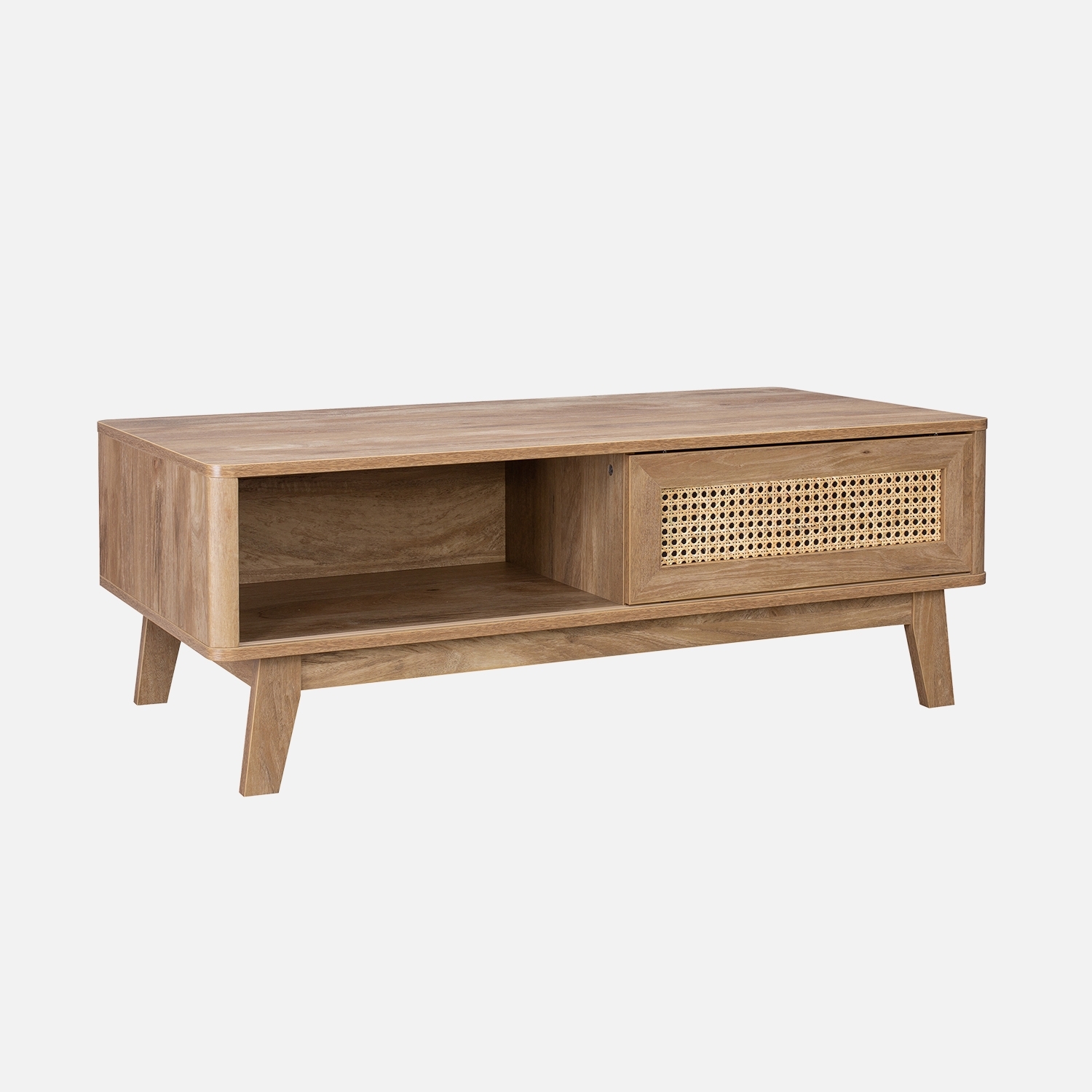 sweeek - Mesa de centro con puerta corredera, 2 nichos, efecto madera y caña , Mani , 110x59x40