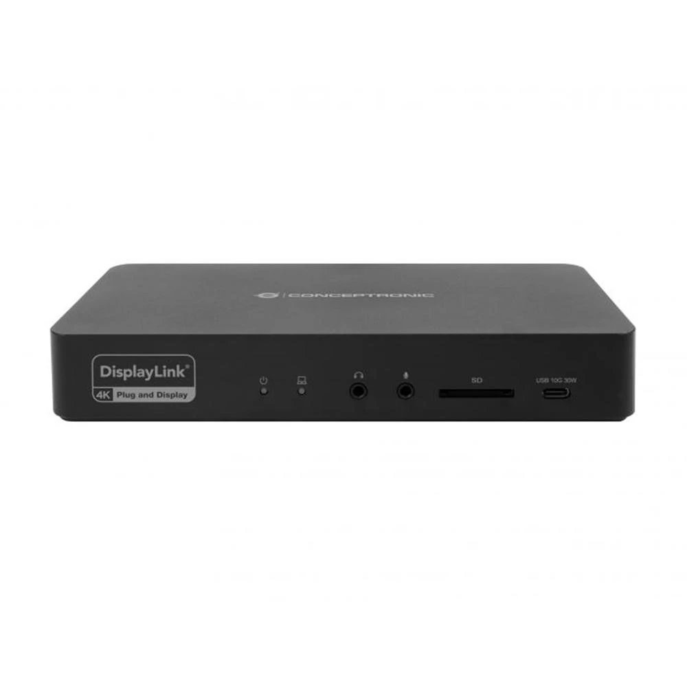 Conceptronic - Hub Docking Station DONN31B 17 en 1 Negro con USB-C Host, 2 HDMI + 2 DisplayPort 4K@60Hz, USB 3.2 Gen 2 (10 Gbps), Ethernet 2.5 GbE, Power Delivery 100 W y lector SD 4.0 para Windows, macOS y Android