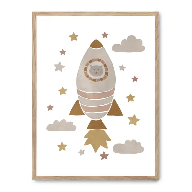 Cuadro rocket ii 30x40cm, Póster impreso en papel de primera calidad de 180gr, montado sobre marco de madera MDF acabado roble., Infantil - Bebé