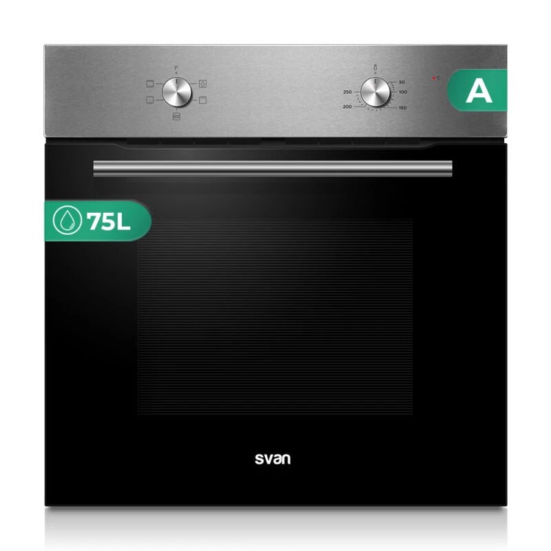 Svan - Horno empotrable convencional SH4701EX de acero inoxidable, 75 L, clase energética A, limpieza manual, 59 cm alto x 59 cm ancho x 57 cm fondo, ideal para cocina profesional y uso diario