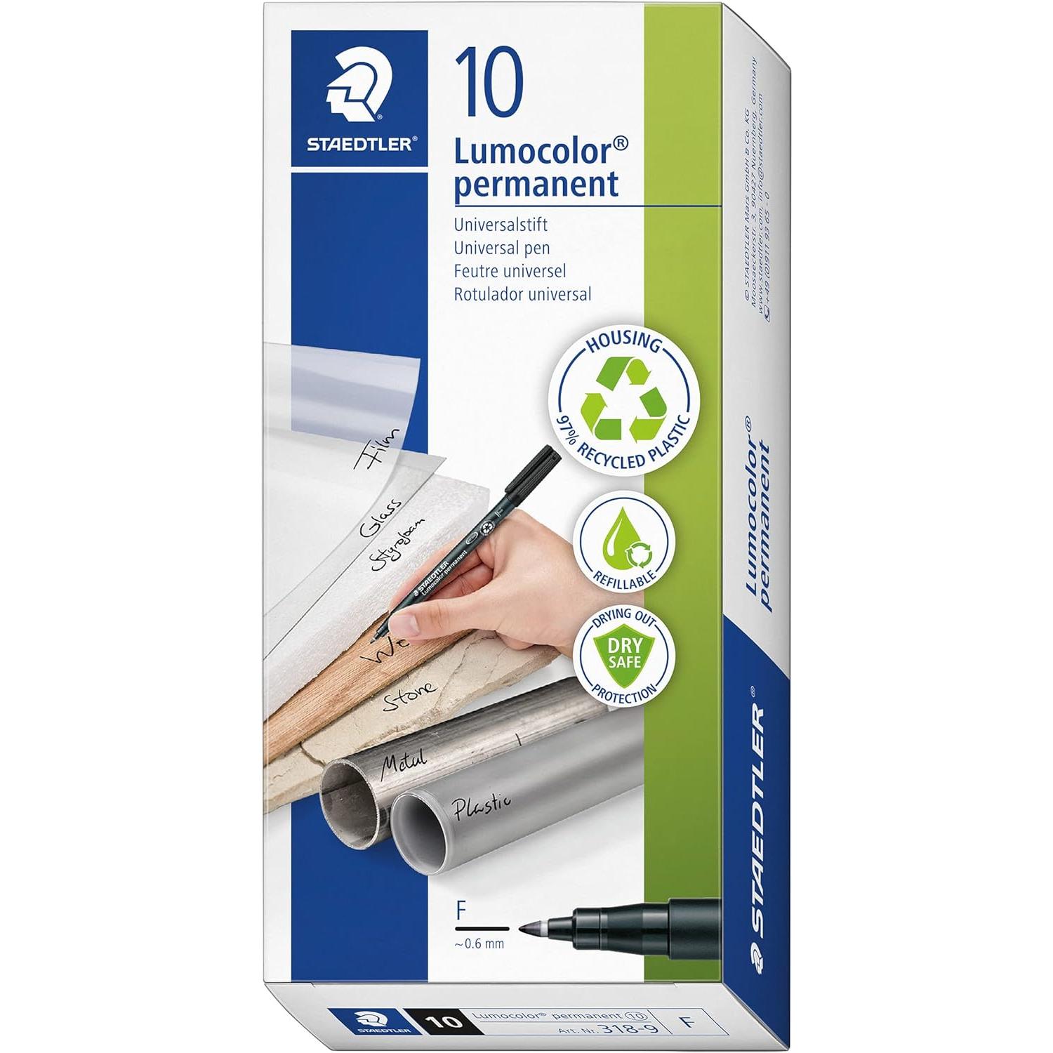 STAEDTLER Rotulador Lumocolor Permanente Punta Fina 0.6mm AZUL Caja con 10 Unidades (318-3)