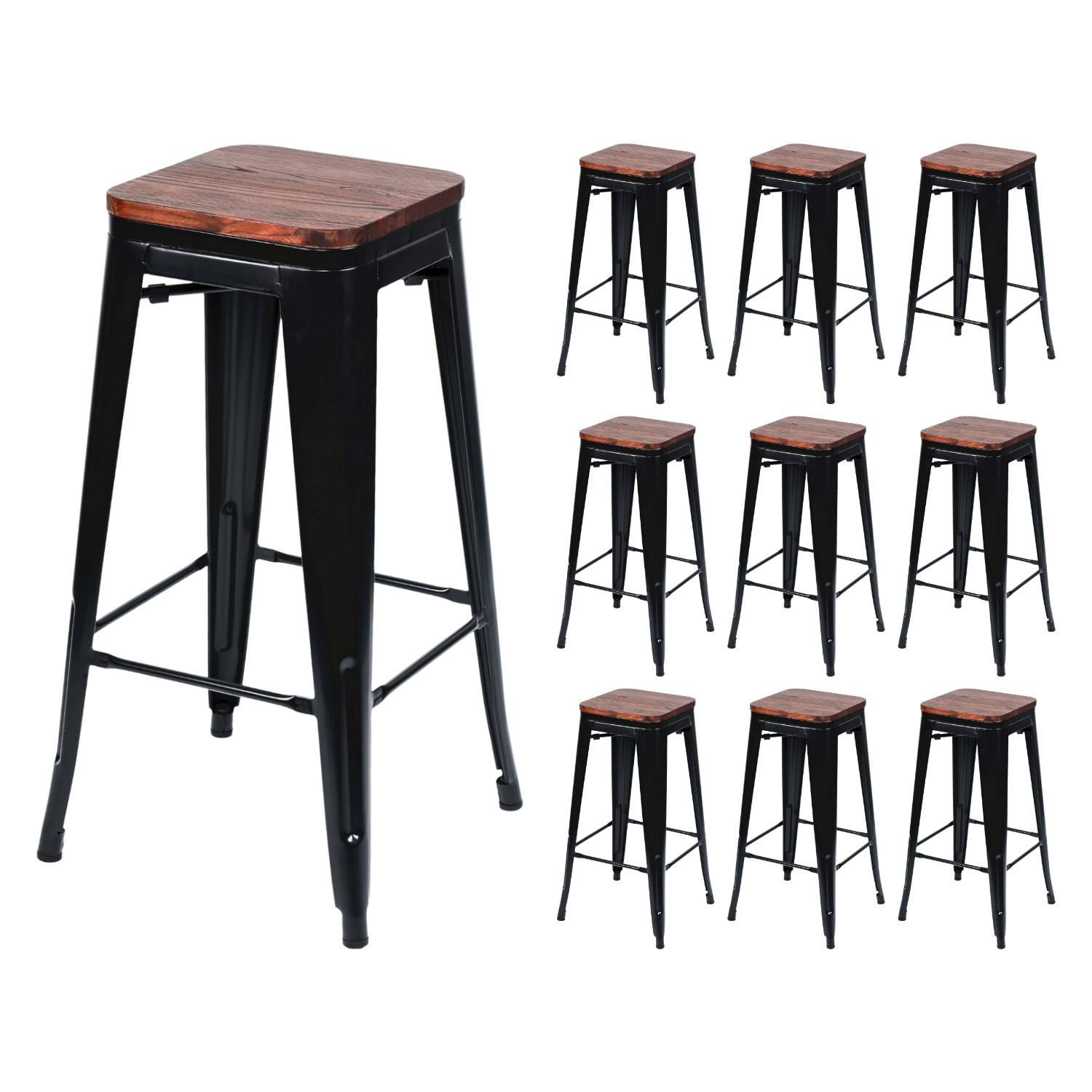 Pack 10 Taburetes Medios Industriales Apilables de Acero y Madera 43x43x76cm Thinia Home
