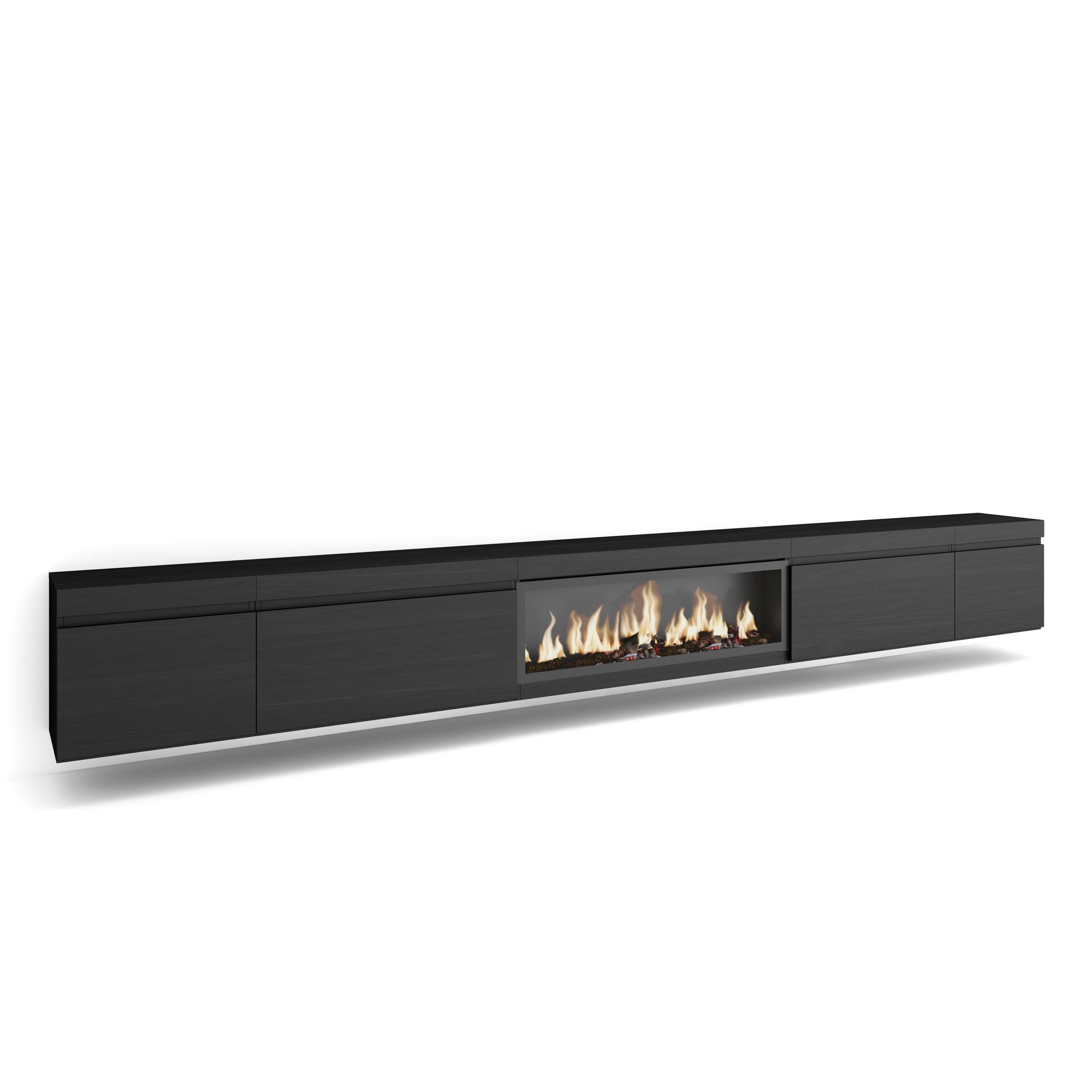 Skraut Home, Mueble TV, Televisión, Muebles de salón, almacenaje, 368x35x45cm, Chimenea eléctrica XXL efecto fuego 3d, Colgado, color Negro