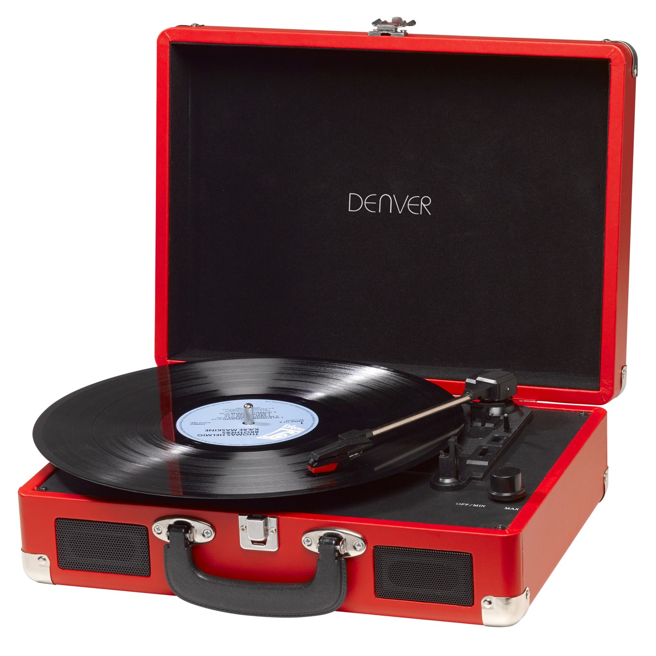 USB turntable Denver VPL-120 with PC software, red, features built-in speakers, records vinyl to PC, plays 33 1/3, 45, and 78 RPM records, and includes a portable design for easy transport.
