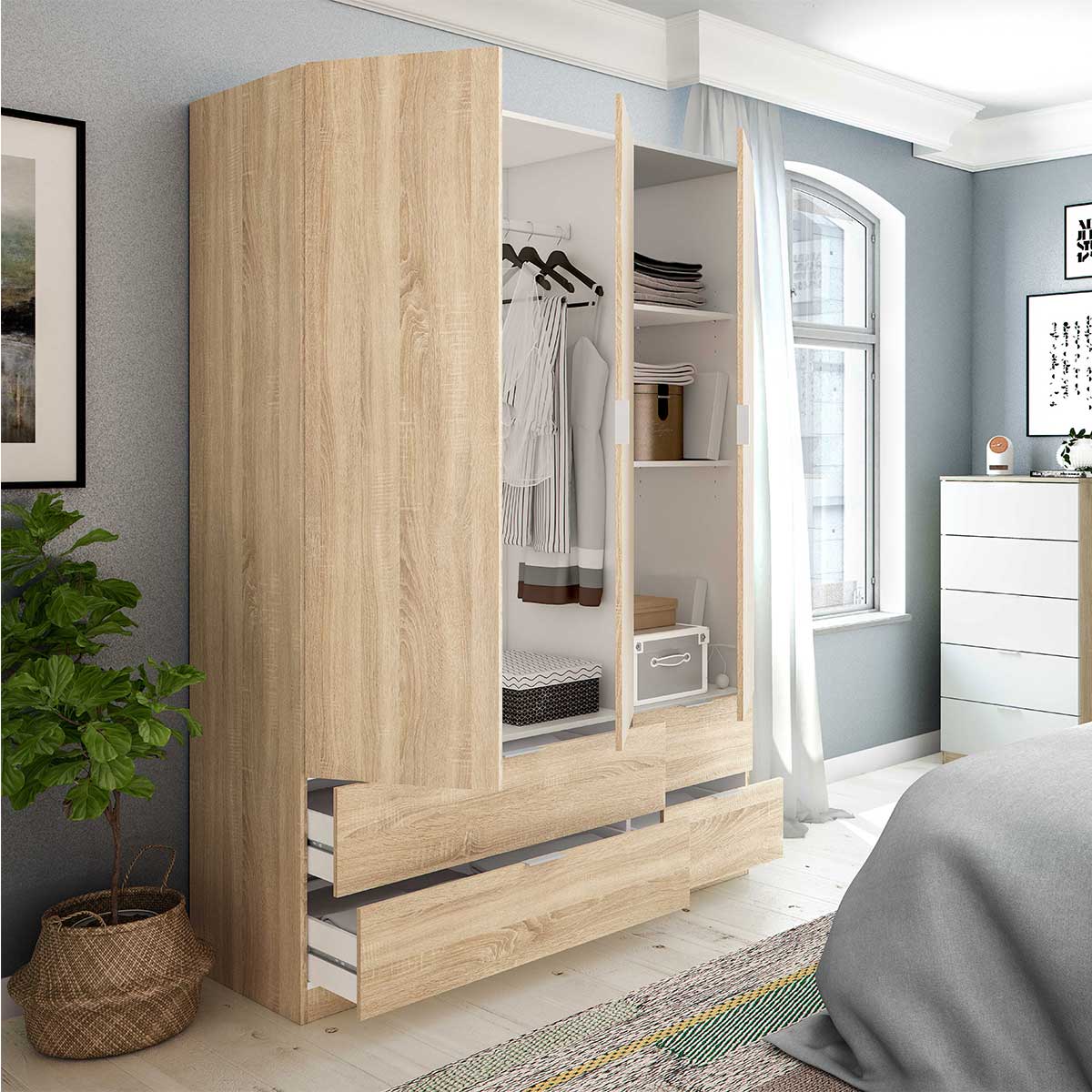 Armario LC 3 puertas + 4 cajones roble 200x135x52 cm