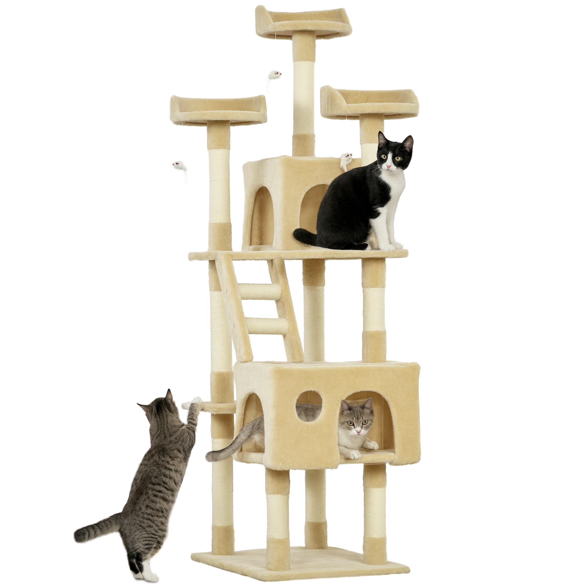PawHut Rascador Árbol para Gatos Grande 60x50x181 cm con Poste de Arañar Múltiples Plataformas Escaleras Cuevas Juguetes Centro de Actividades Beige