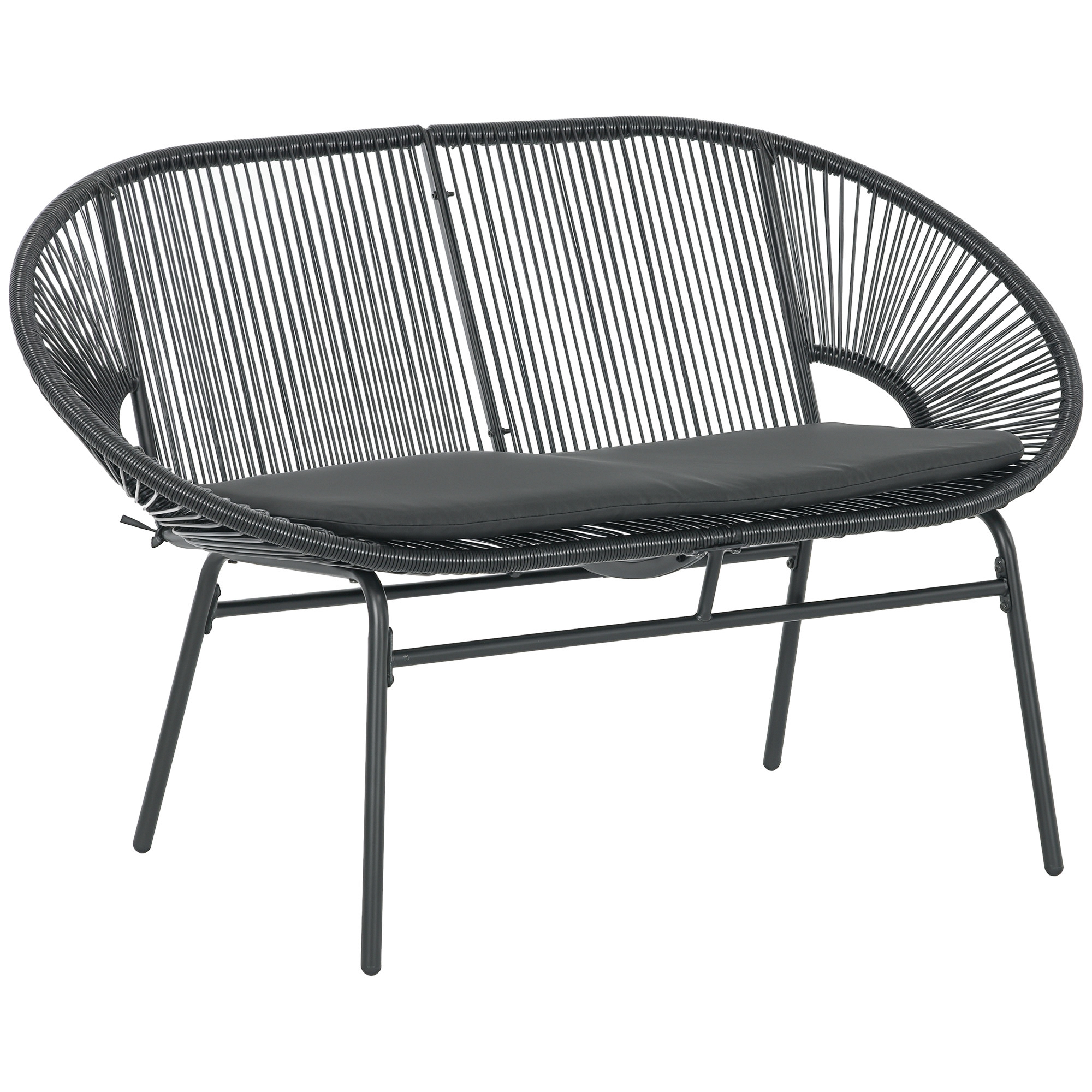 Outsunny Silla Acapulco de 2 Plazas Silla de Jardín con Reposabrazos Cojines y Marco de Acero Carga 260 kg para Balcón Terraza Patio 132x72x83 cm Negro