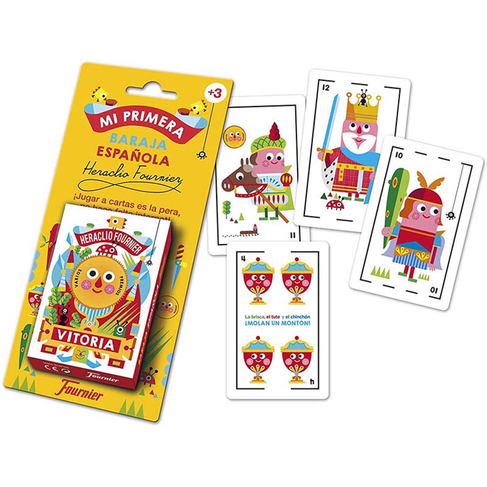 Fournier Baraja española de 40 cartas Mi primera baraja española Diseño de Lina Vila Reglamento en español de 8 juegos clásicos El reloj Combinar la carta El burro Los seises La siete y media La escoba Pumba y Brisca