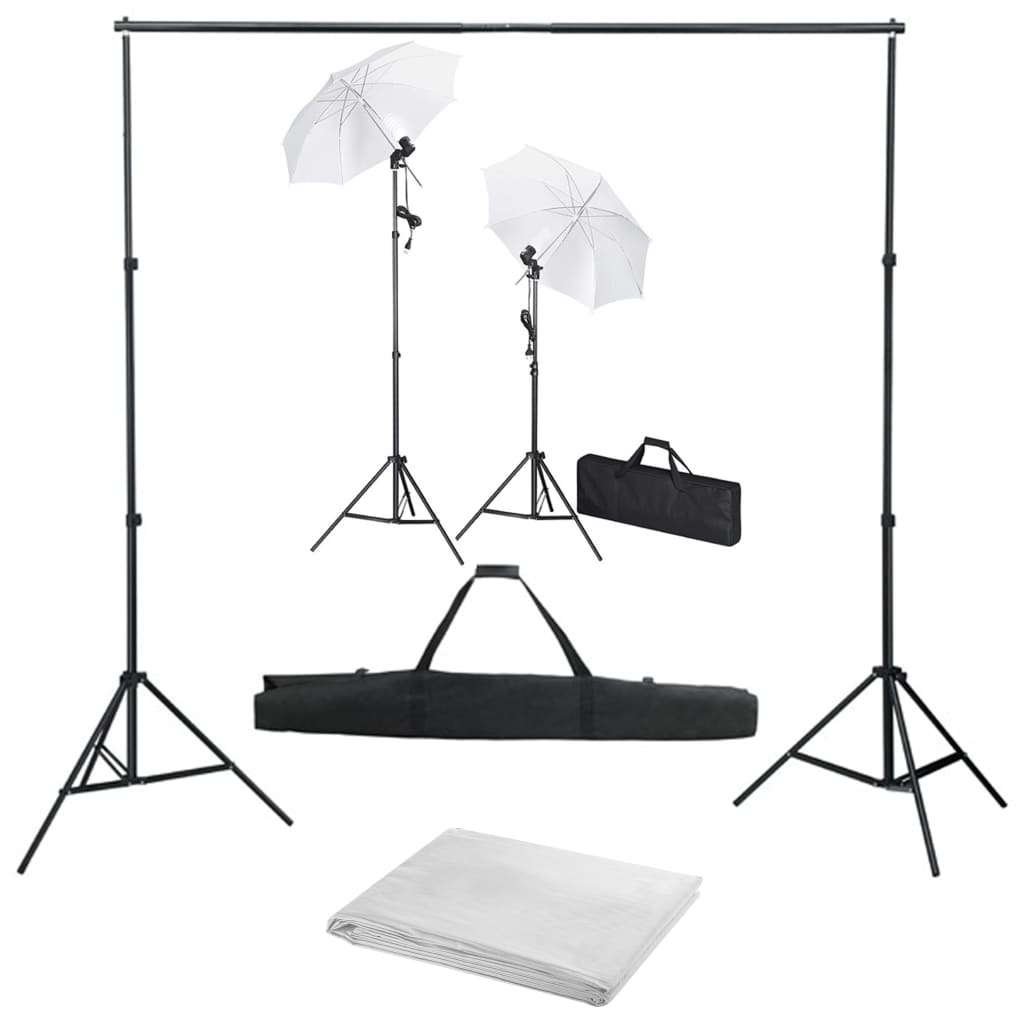 vidaXL Kit Estudio Fotográfico con Telón de Fondo Lámparas y Paraguas Focos Color Blanco, Negro, Verde y mas