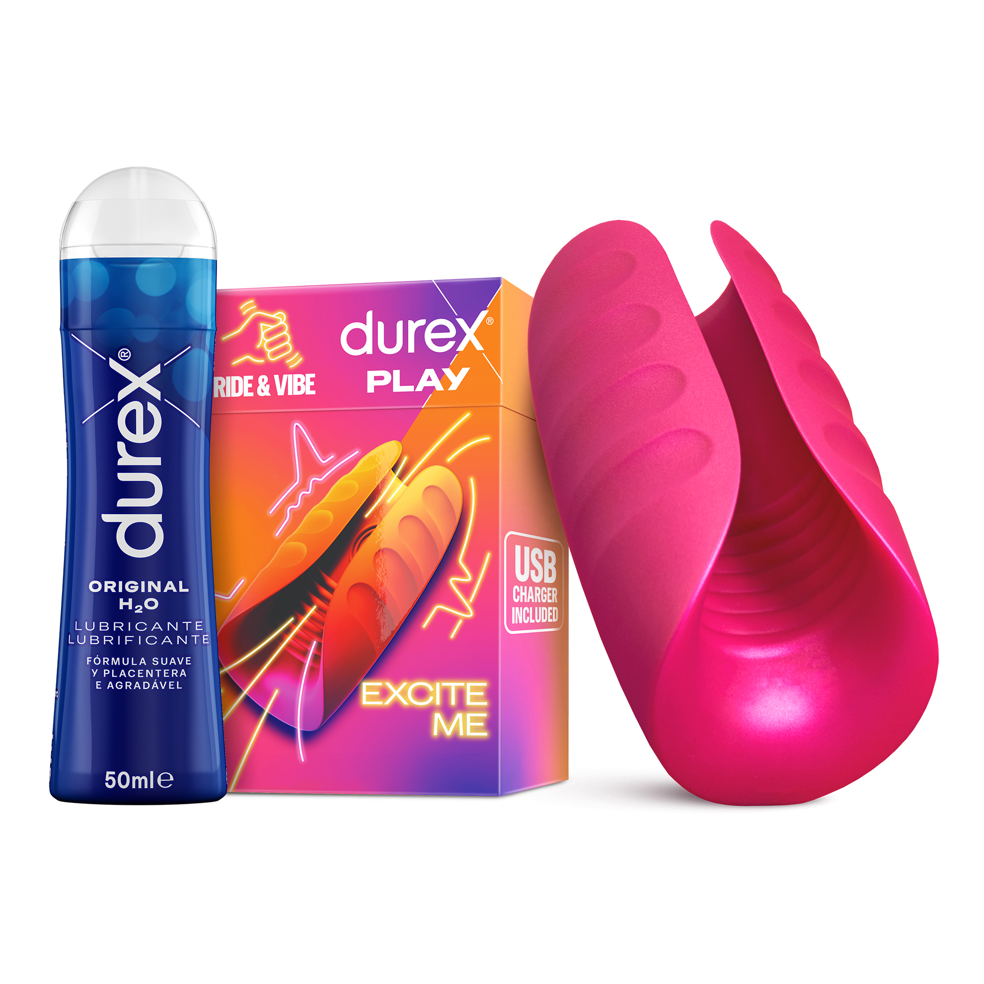 Durex - Masturbador de Pene, Vibrante y Suave, RIDE & VIBE +  Lubricante Original H2O 50 ml, Texturizado, Estriado, Juguete Sexual, Resistente al Agua