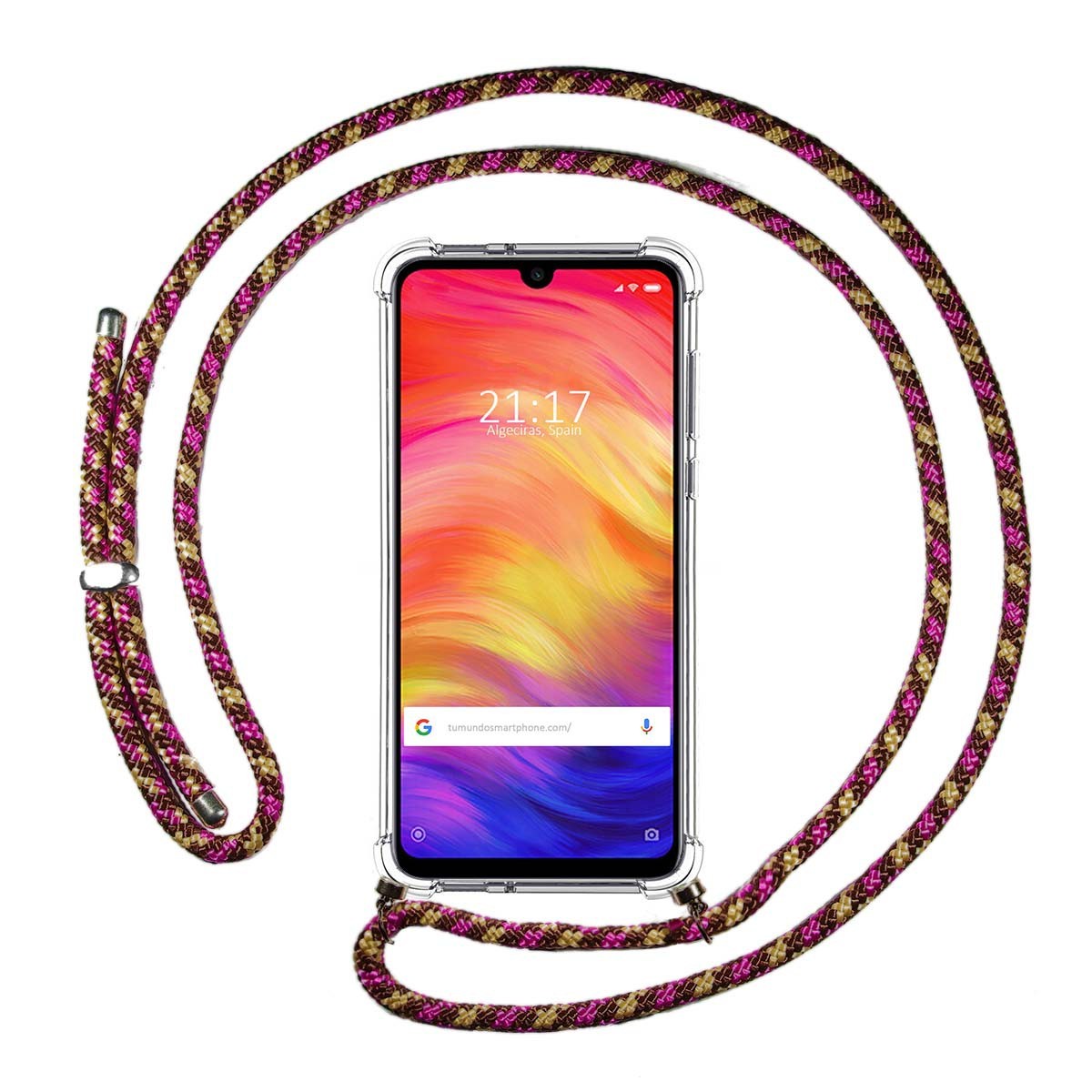 Tumundosmartphone Funda Colgante Transparente para Xiaomi Redmi Note 7 con Cordon Rosa / Dorado