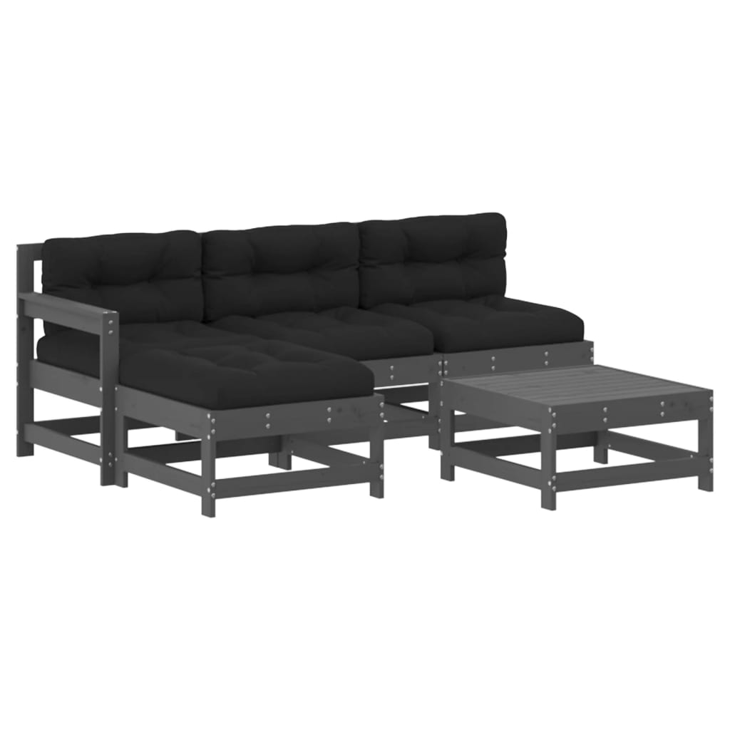 vidaXL Juego de muebles jardín 5 piezas y cojines madera maciza gris