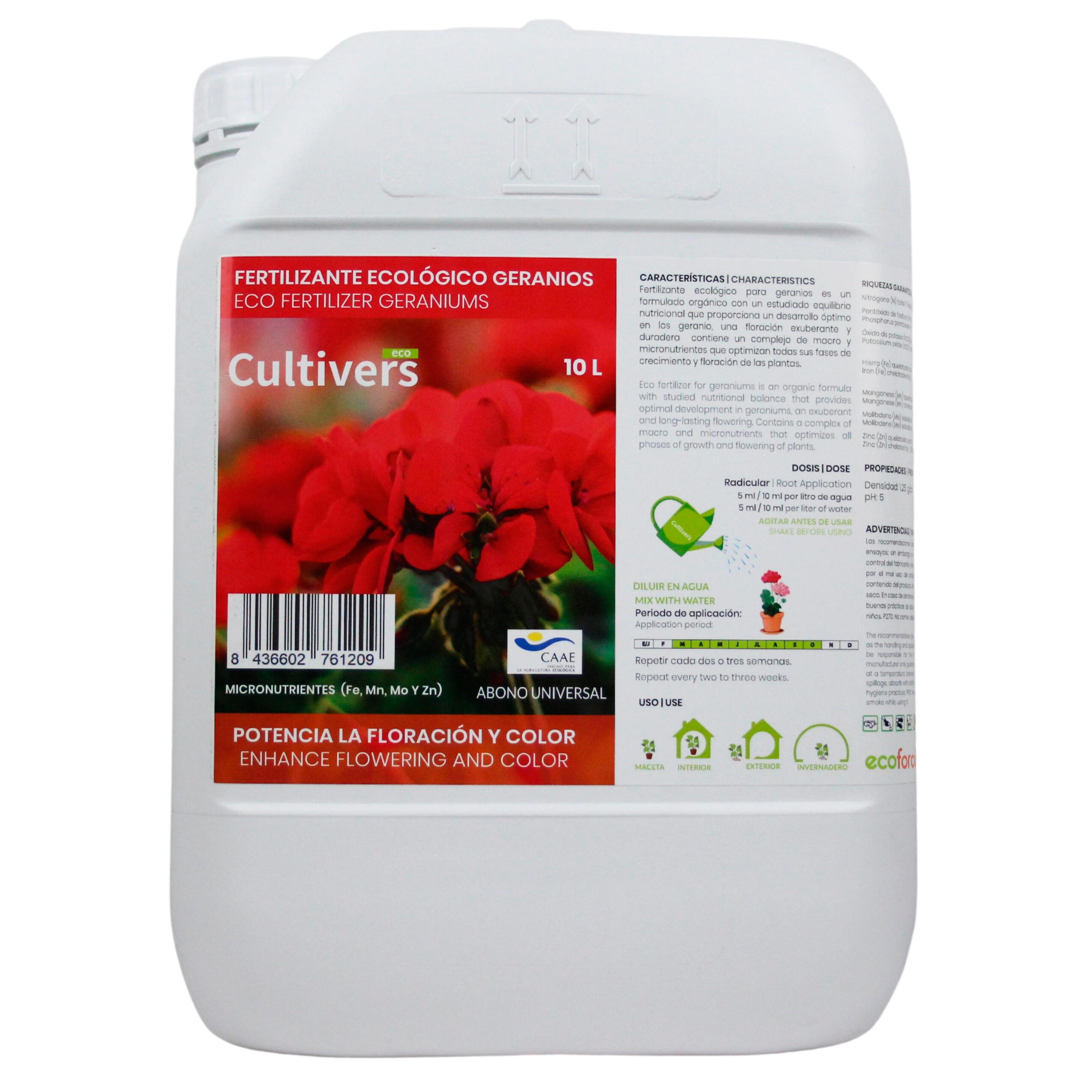 CULTIVERS Abono Geranios Líquido Ecológico 10 L