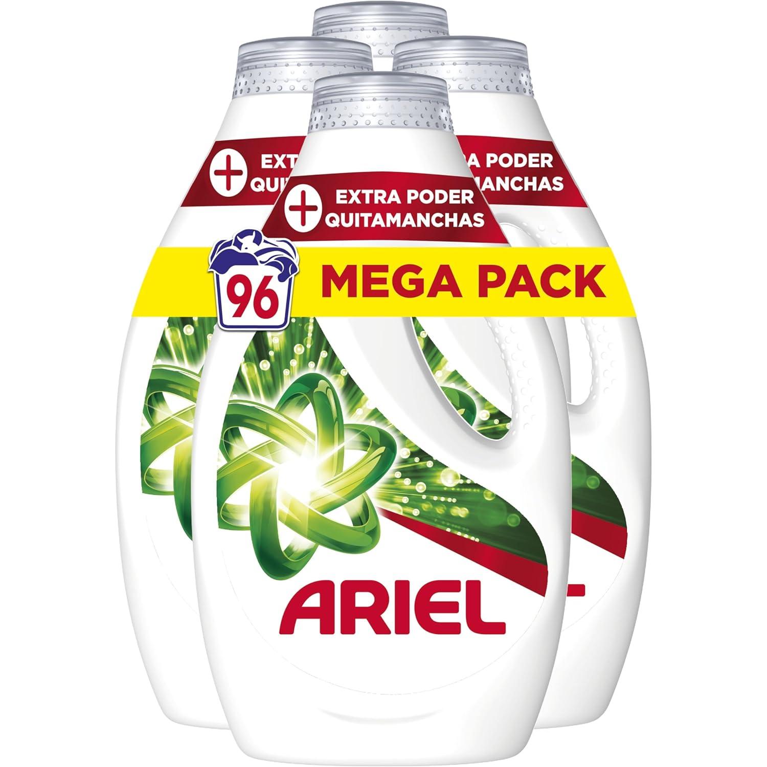 Ariel Detergente Liquido Lavadora - 96 Lavados (4 botellas x 24 lavados) - Extra Quitamanchas - Jabon Quitamanchas - Ariel Detergente Liquido