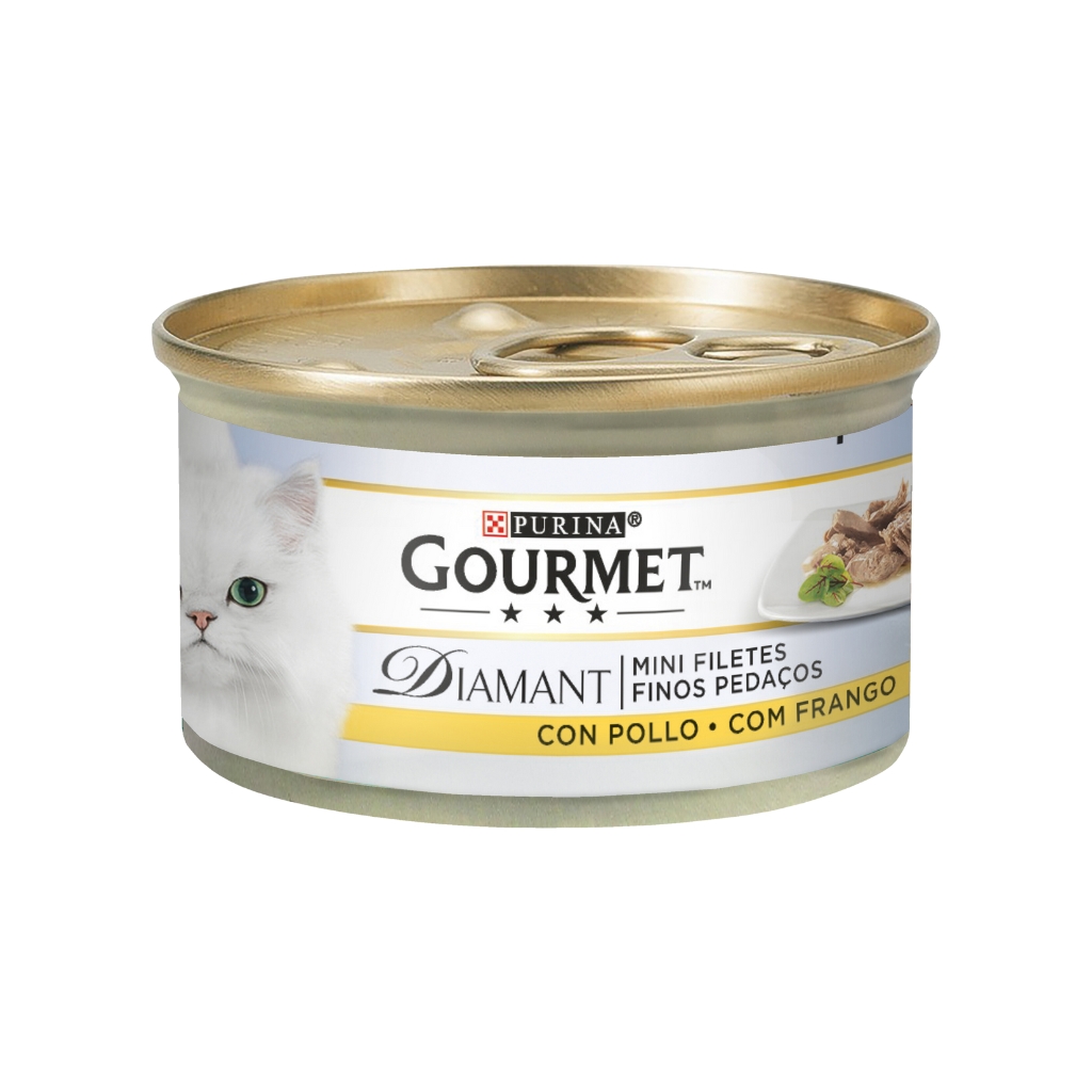 GOURMET Diamant (85 gr) Finas Lonchas - Alimento Húmedo Completo para Gatos Adultos (Carnes Asadas con Pollo)