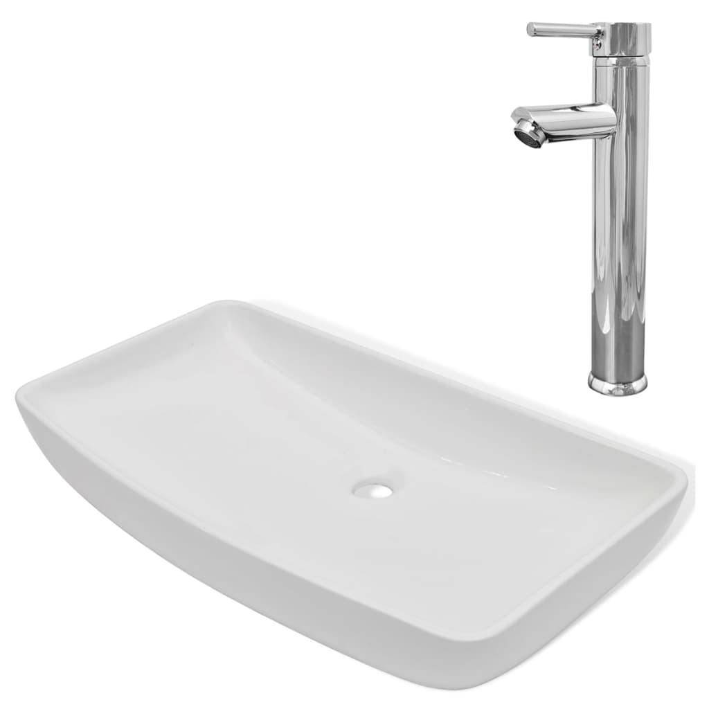 vidaXL Lavabo de Baño Ovalado con Grifo Mezclador de Cerámica Blanco Lavamanos Dimensiones 400 x 330 x 135 mm,  325 x 140 mm,  400 x 160 mm y mas