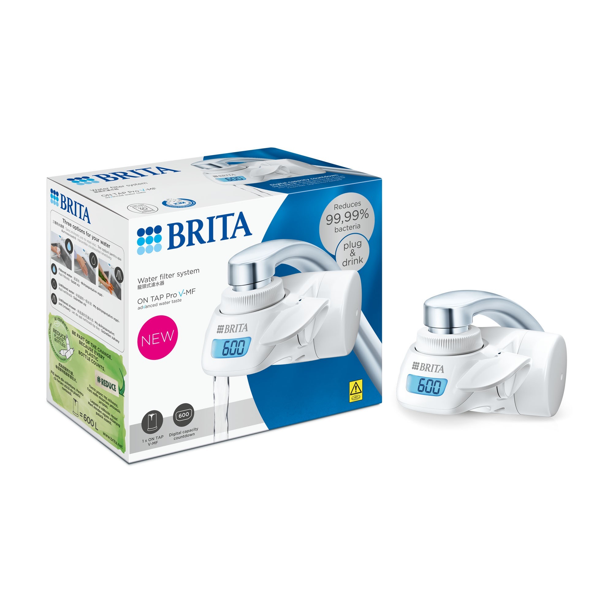 BRITA Sistema de filtrado de agua ON TAP Pro V-MF-1x cartucho filtrante (600L) - para un 99,99% de agua libre de bacterias, reduciendo PFAS, incl. cuenta atrás digital LCD de capacidad