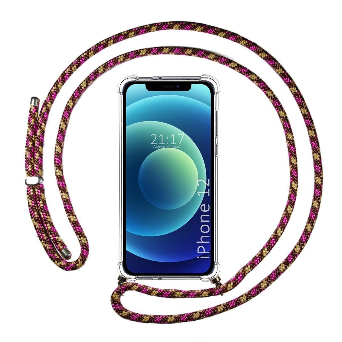 Tumundosmartphone Funda Colgante Transparente para Iphone 12 / 12 Pro (6.1) con Cordon Rosa / Dorado