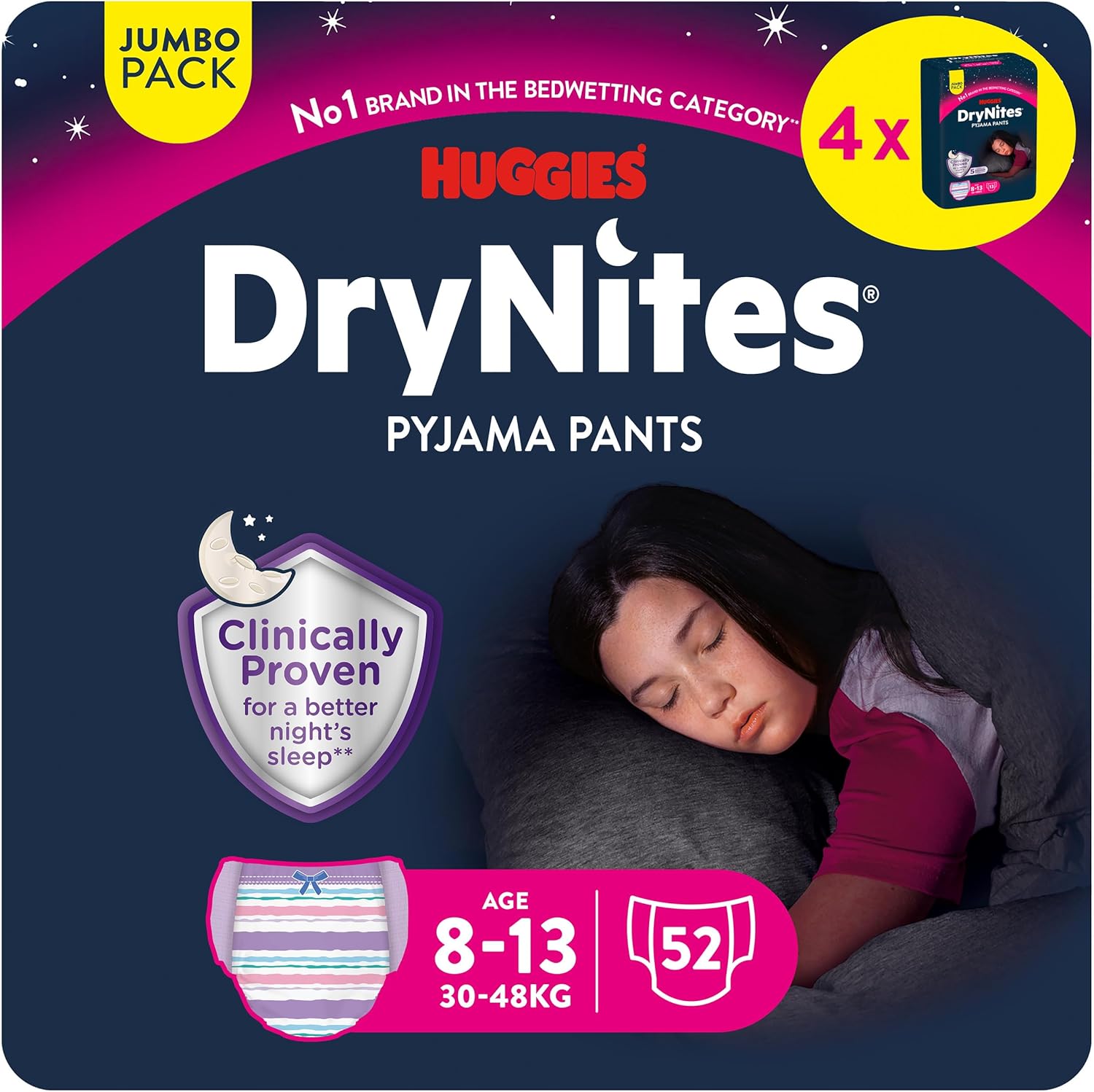 Huggies DryNites Pyjama Pants Para Niño y Niña. Disponibles en Talla 3-4, 4-7, 8-13.