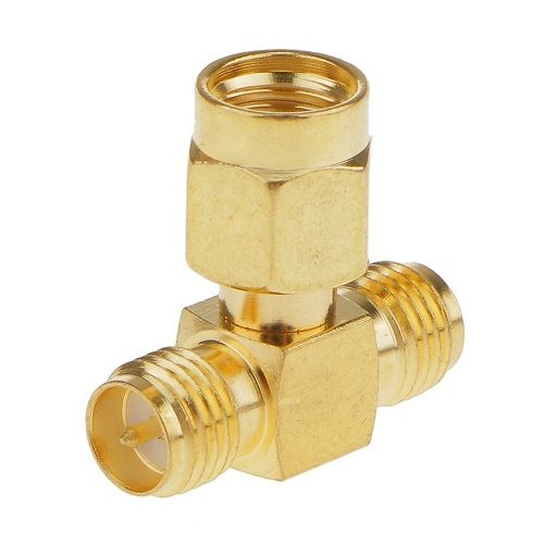 CABLEPELADO Adaptador triple T RF RP-SMA hembra a 2x RP-SMA Macho | RP-SMA hembra a 2 RP-SMA macho | 50 ohmios | Latón | Chapado en Oro