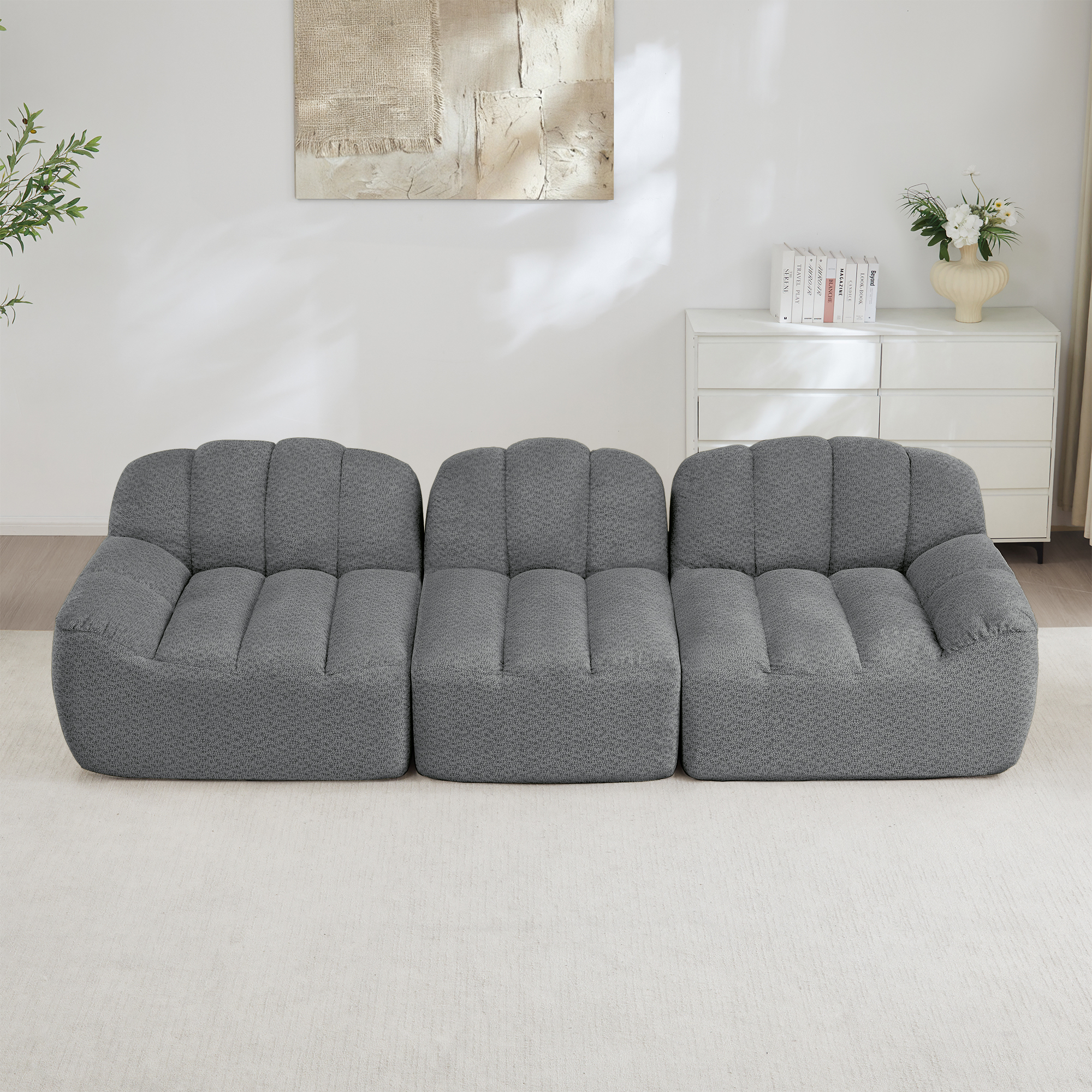 Canapé modulable 3 places gris sans structure en tissu polaire texturé avec assise profonde