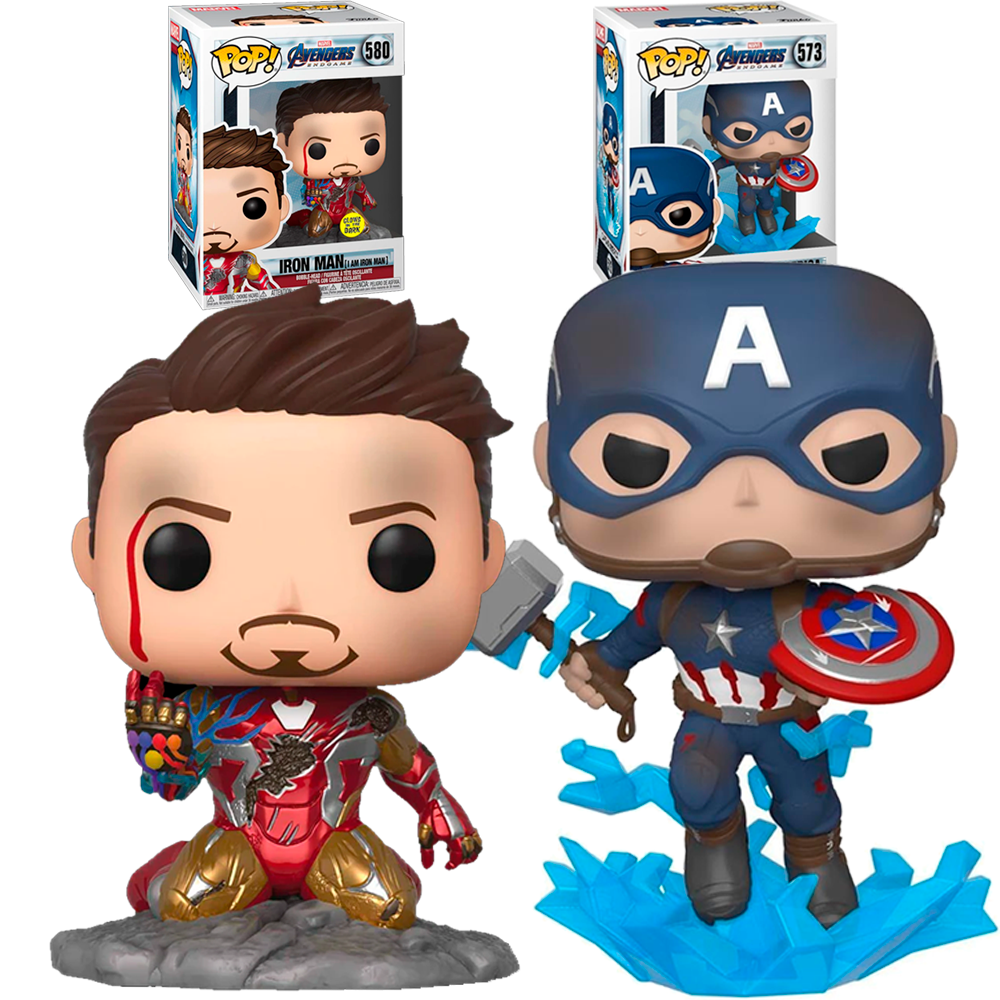 Funko Pack 2 Funkos Iron Man Tony Stark  exclusivo   chasquido GITD Capitan America Mjolnir martillo reg   Endgame Avengers Vengadores  Marvel Funko  573 580