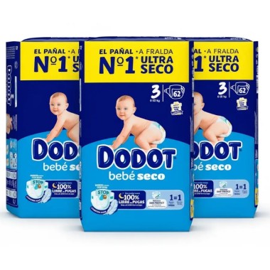Dodot Bebé-Seco Talla 3 (6-10 kg) Pack Ahorro 186 Pañales (3x62) – Sequedad Duradera y Protección Anti Fugas