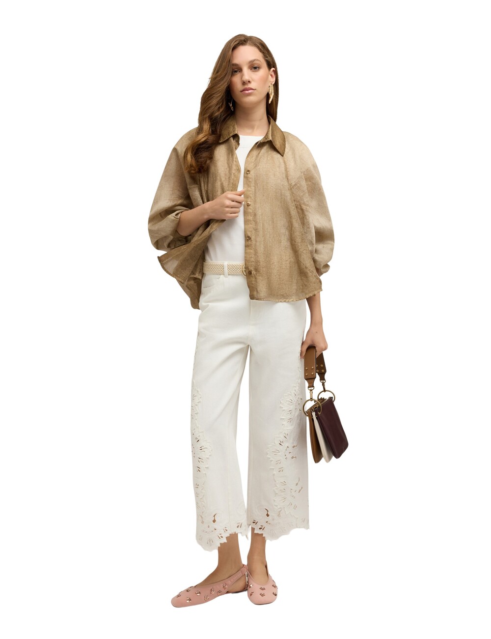 Motivi - Pantalones cropped con bordados sangallo