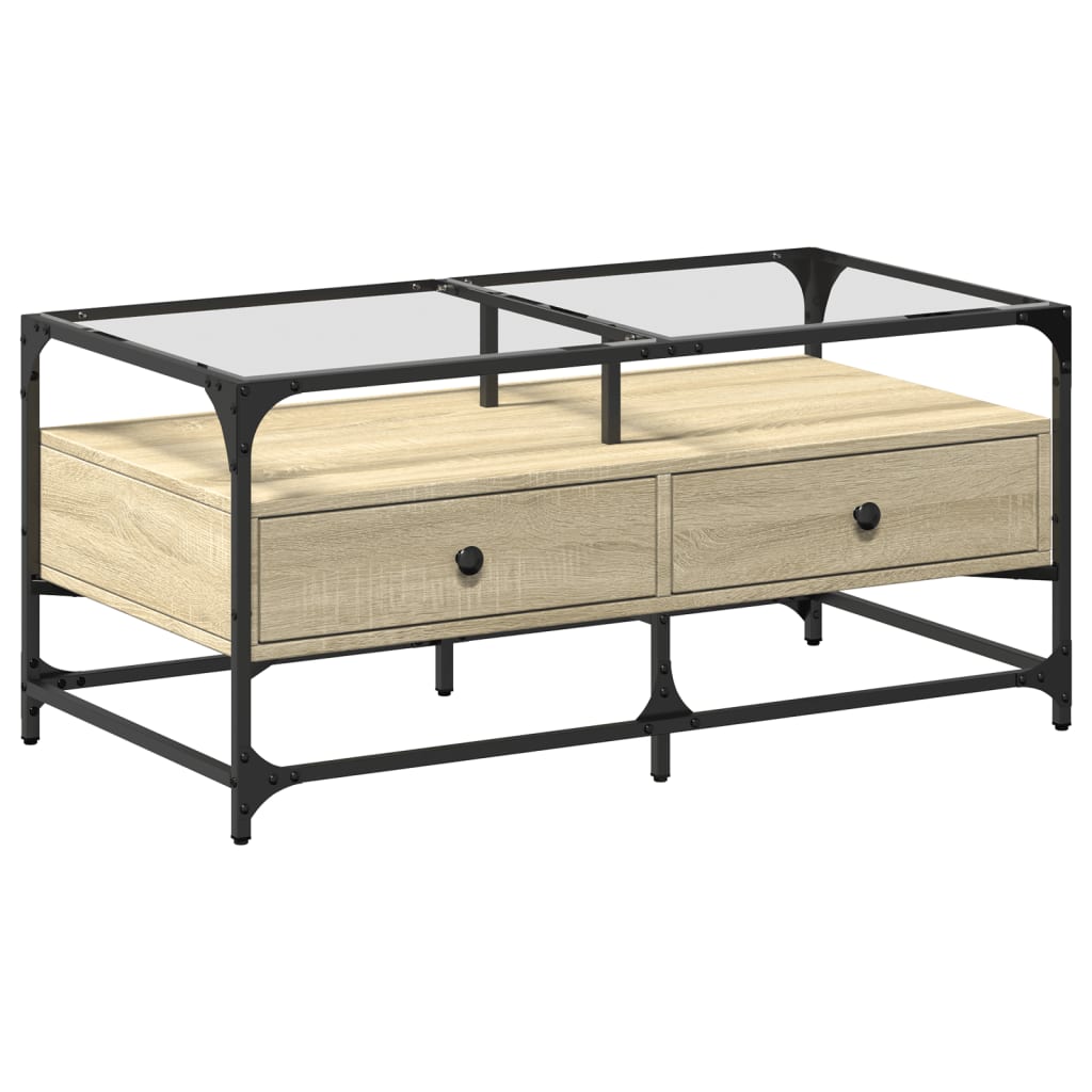 Vidaxl Mesa de Centro con Puertas de Vidrio 68,5x50x50 Cm Negro Roble Sonoma Roble Ahumado