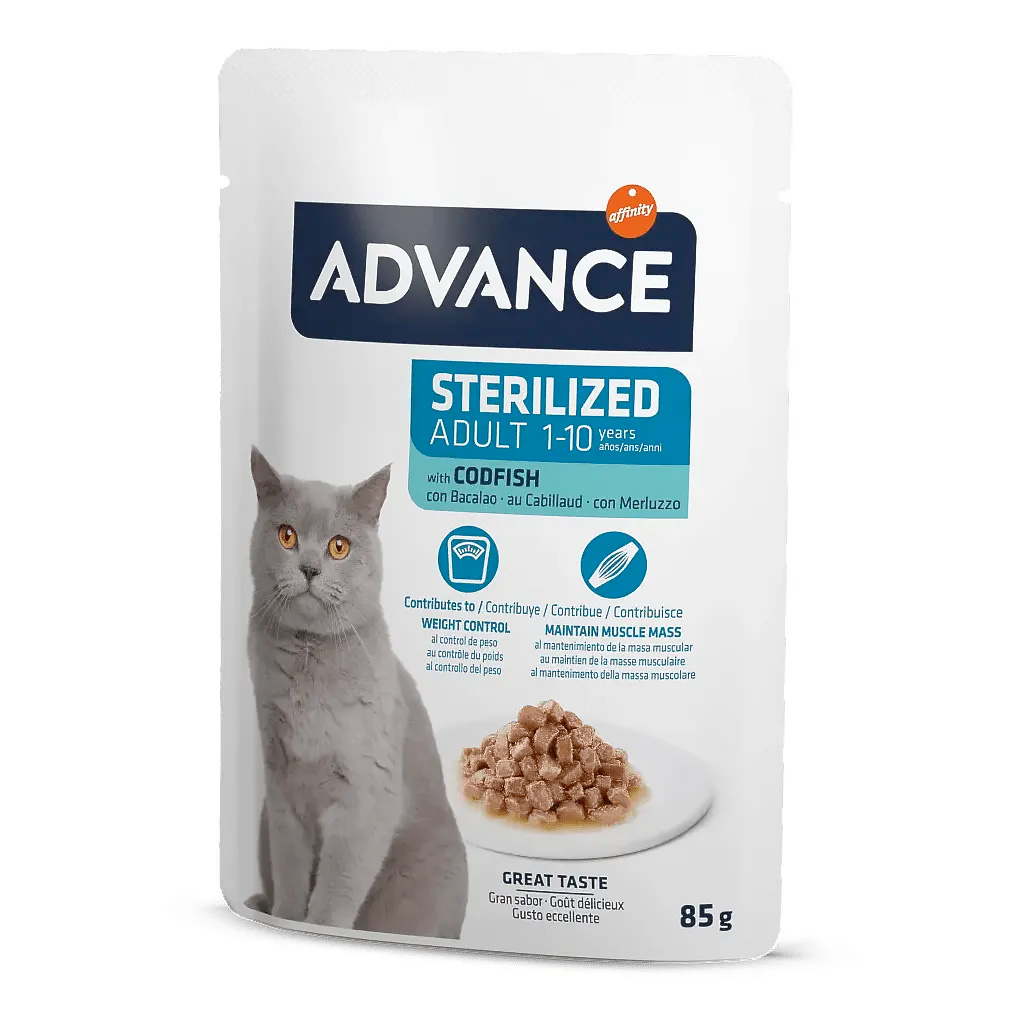 Advance Affinity Sterilized Adult con Bacalao, 85gr, Nutrición Optima, Comida Húmeda para Gatos Castrados