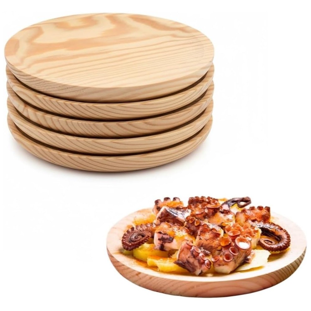 6x Plato de madera para pulpo, pizza, charcuteria, quesos, tapas, entrantes, vajilla para comida, tabla de picar