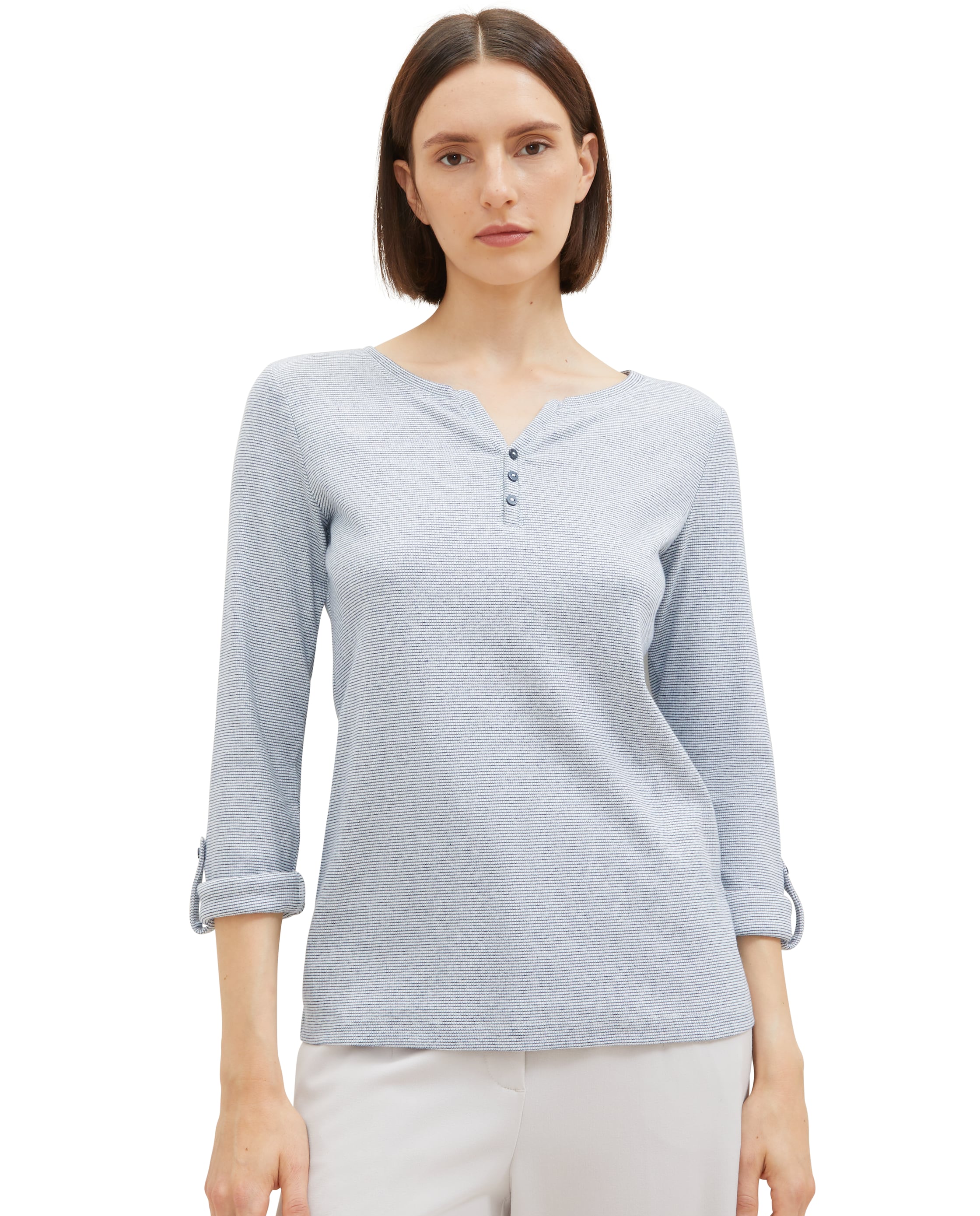TOM TAILOR Camiseta de mujer de manga larga con botones