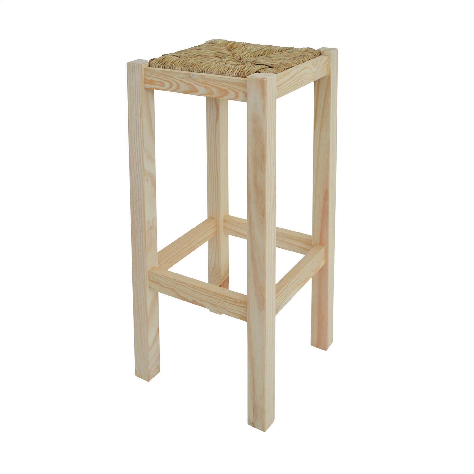 Banqueta Rústica Alta Sin Barniz - Madera de Pino - Asiento de Paja
