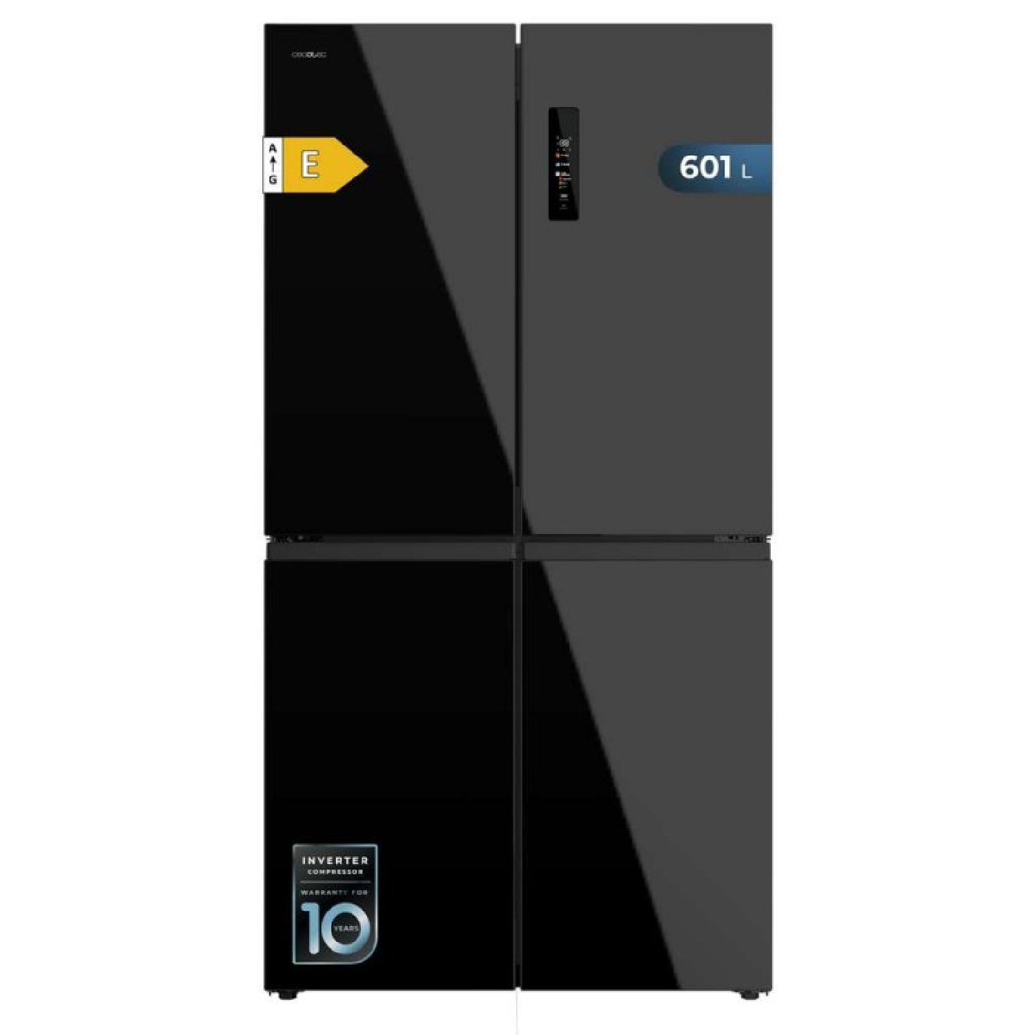 Cecotec Frigorífico Americano 4 Puertas Bolero CoolMarket 4D 601 Black Glass E. 601L, Motor Inverter, 90cm, No Frost, ECO