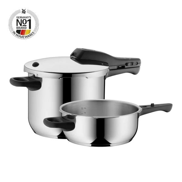 Conjunto de Olla a Presión WMF Perfect 6,5 L + 3 L (mod. 2024)  – Incluye Dos Cuerpos y Tapa para Cocinar Rápido con Seguridad, Acero Inoxidable Cromargan 18/10, Apta para Inducción