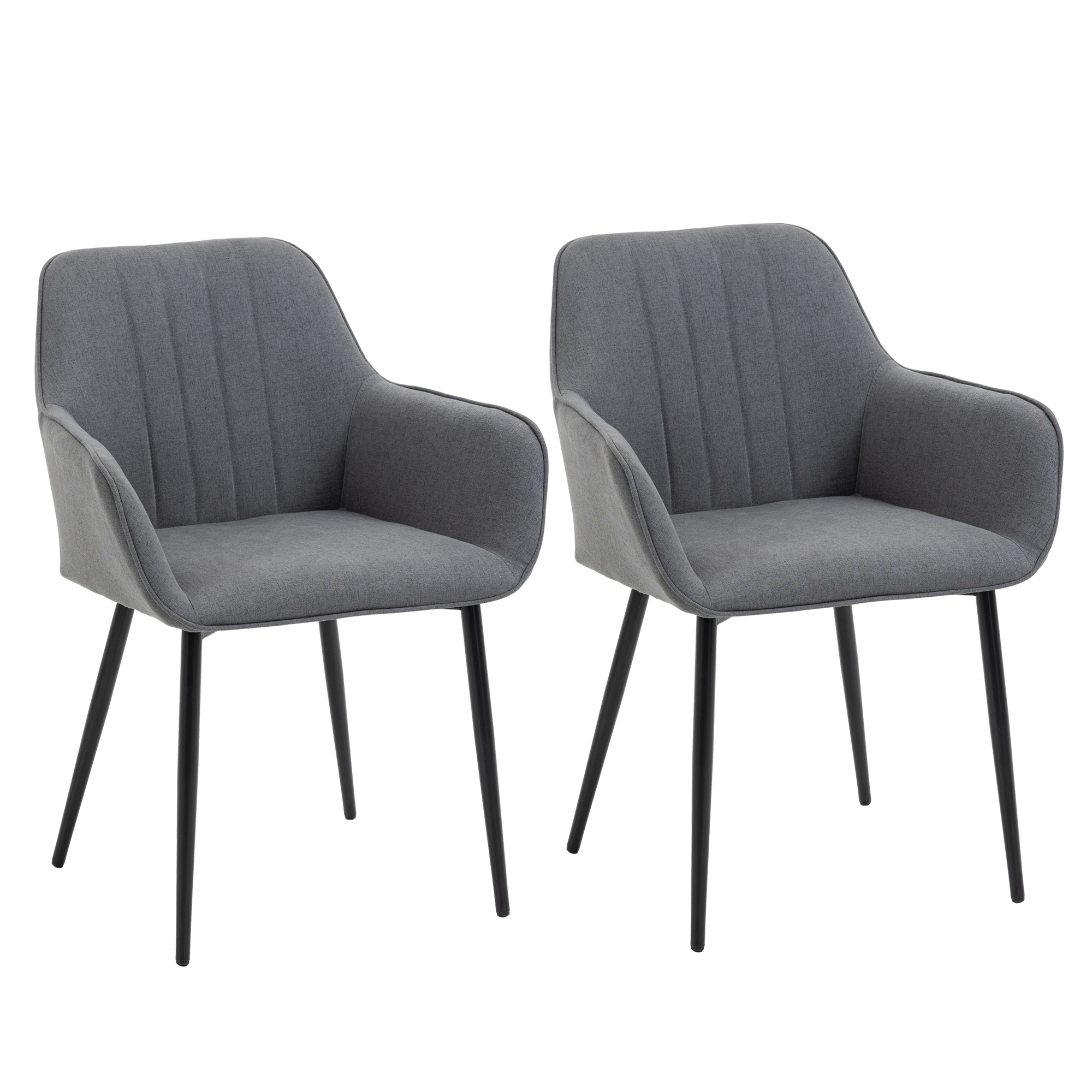 HOMCOM Pack de 2 Sillas de Comedor, Sillas de Cocina Modernas, con Asiento Acolchado y Tapizado, Respaldo Curvo, Reposabrazos, Patas de Metal, para Salón, Gris Oscuro