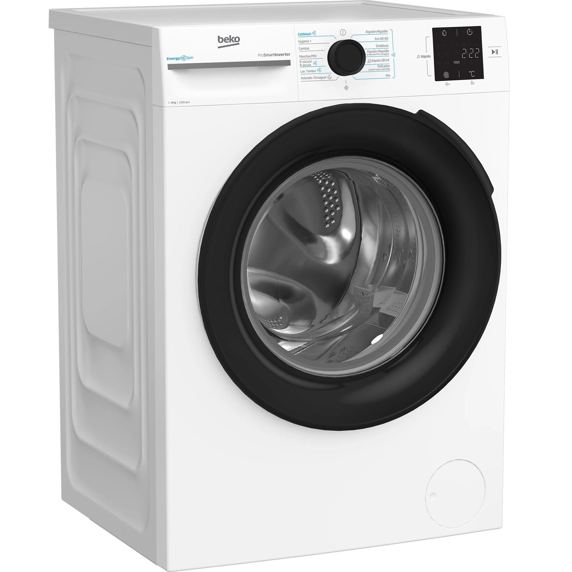 Beko - Lavadora frontal BM3WFT3821WB de 8 kg, clase A y 1151 rpm con motor Inverter y tecnología ProSmart para familias, color blanco