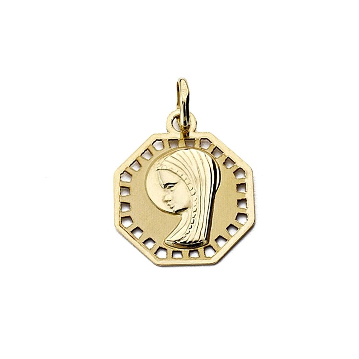 Medalla oro 18k Virgen Nina octagonal calada 17mm.