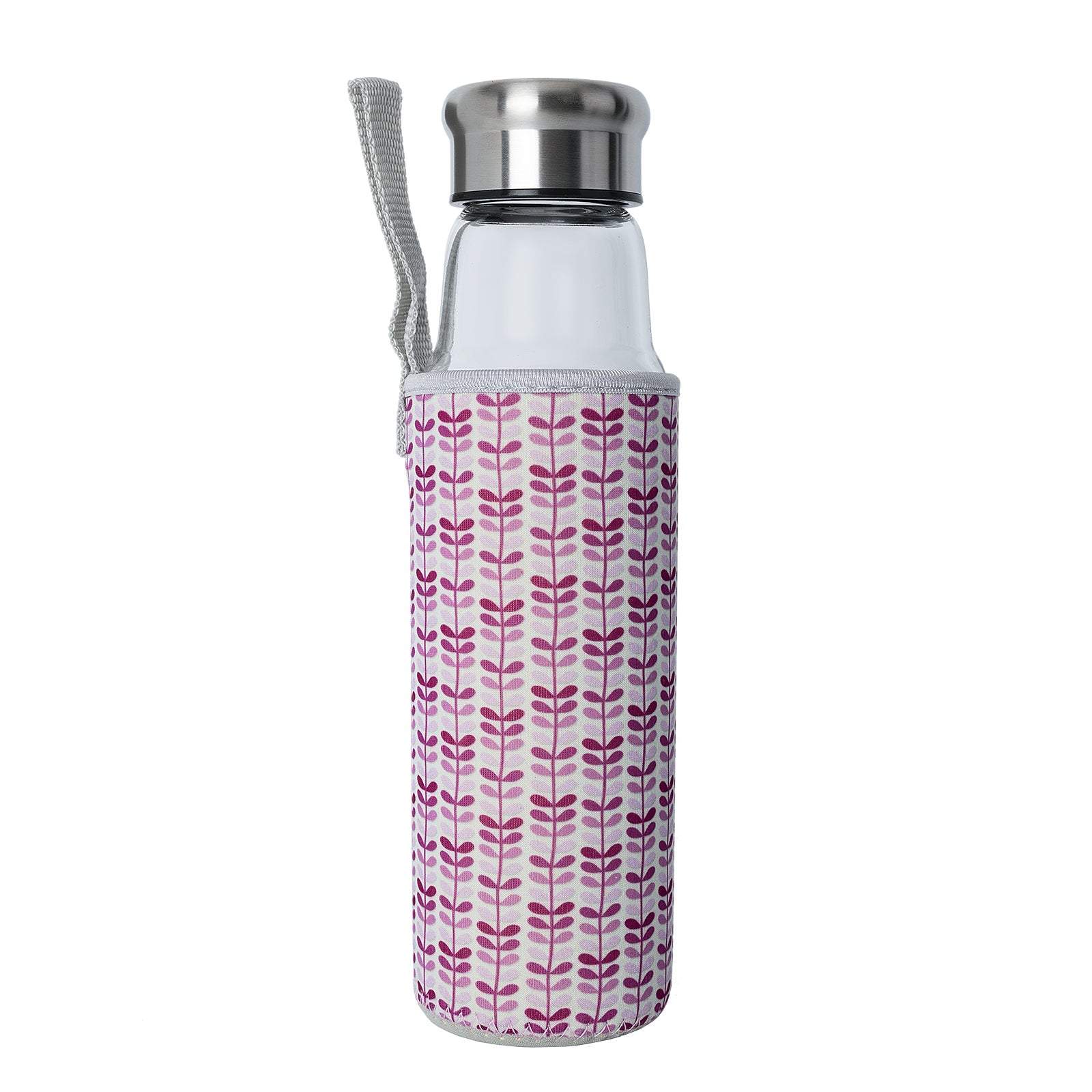 IRIS Hojas - Botella de Agua 0.55L en Vidrio con Funda Neopreno. Rosa