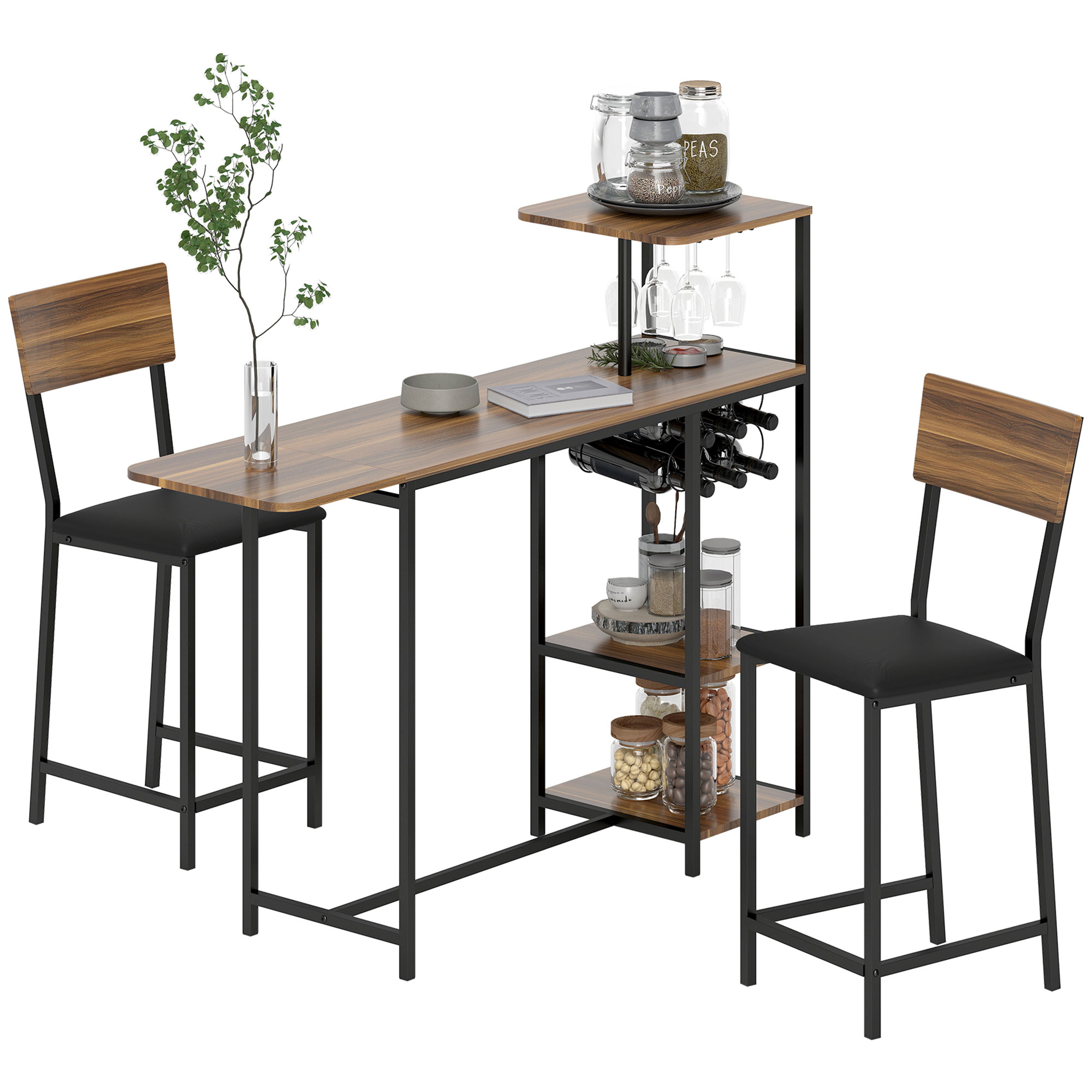 HOMCOM Juego de Mesa y Taburetes de Bar Mesa Alta de Cocina con 2 Taburetes Laterales Abatibles Soporte para Vinos y Estantes Estilo Industrial Marrón y Negro