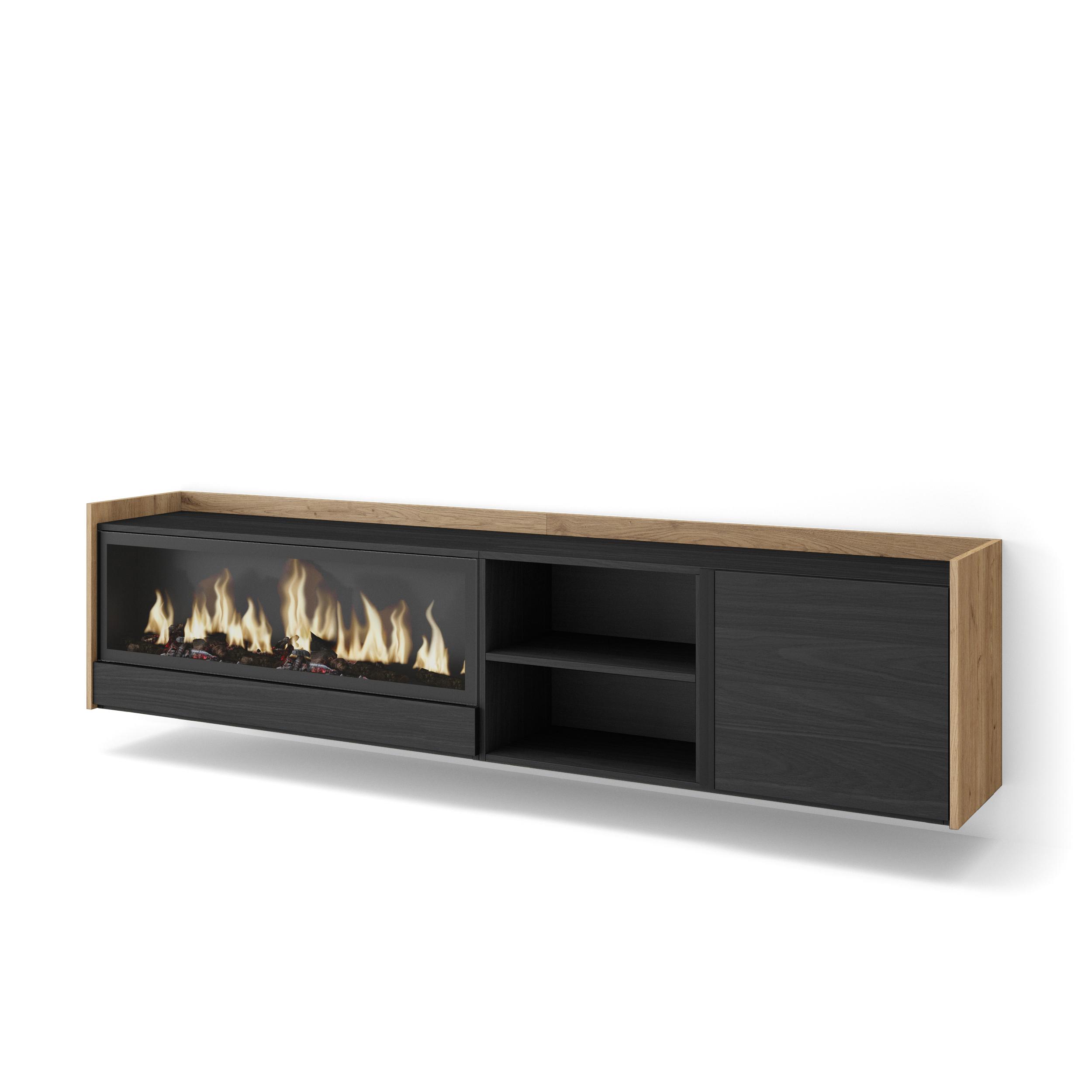 Mueble TV, Televisión, 212x35x50cm, Para TV hasta 80", Chimenea eléctrica XXL, Colgado, Suspendido