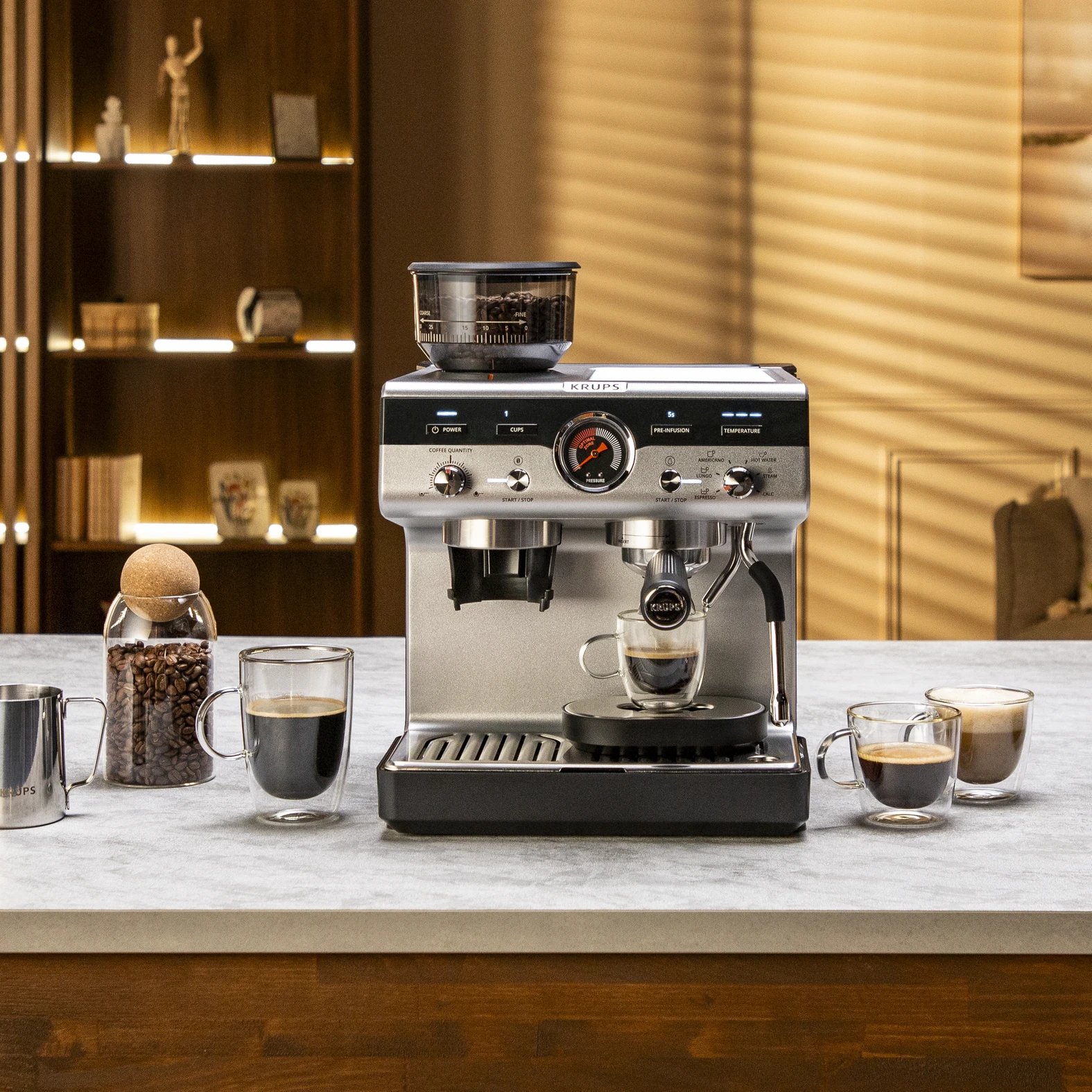 Krups - Cafetera semi-automática XP801T10 de 15 bar con molinillo integrado, acero inoxidable, para espresso y cappuccino en casa