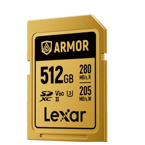 Lexar 512gb professional armor gold sdxc uhs-ii cards,  up to 280mb/s read 210mb/s write c10 v60 u3,stainless steel casing, ip68