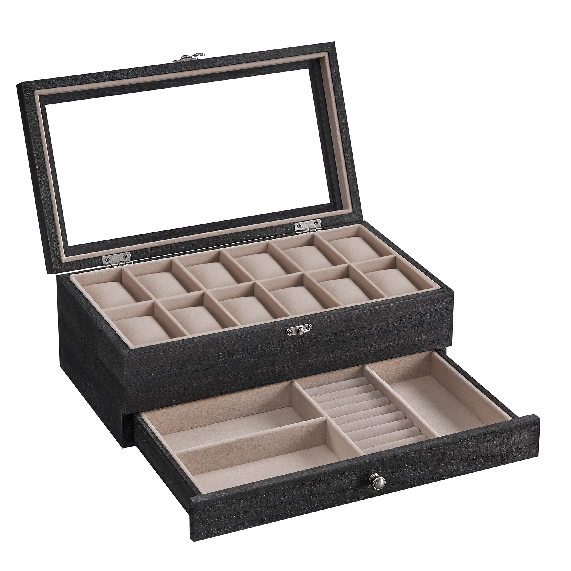 SONGMICS Caja de Relojes con 12 Ranuras, Estuche de Relojes de Madera de 2 Niveles con Tapa de Cristal, Almohadillas, Forro de Terciopelo, Regalo de Seres Queridos, Negro Ébano/Nogal Rústico/Negro Tinta, Regalo de Navidad