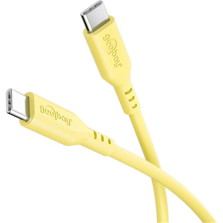 goobay Cable USB-C a USB-C de silicona 1.5 m, amarillo – carga rápida 60 W PD, transferencia de datos 480 Mbit/s, flexible, anti-enredos, con brida de sujeción, para smartphones, portátiles, consolas
