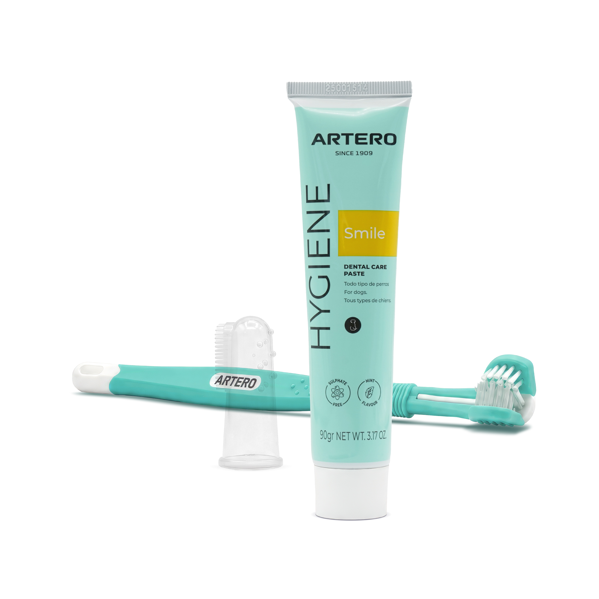 ARTERO Smile. Pack Higiene Dental Perros | Pasta de Dientes + Cepillo + Dedal Silicona | Elimina Sarro y Mal Aliento | Kit Limpieza Dental Completo | Pasta Comestible | Fabricado en España